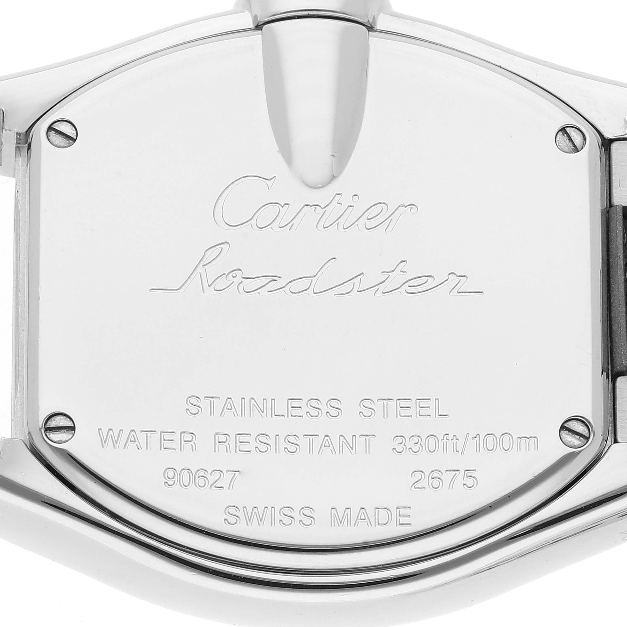 The image shows the back case of a Cartier Roadster W62054V3 Women's Stainless Steel Pink Dial W62054V3 Women's Stainless Steel Pink Dial watch, displaying model details in a stainless steel finish.