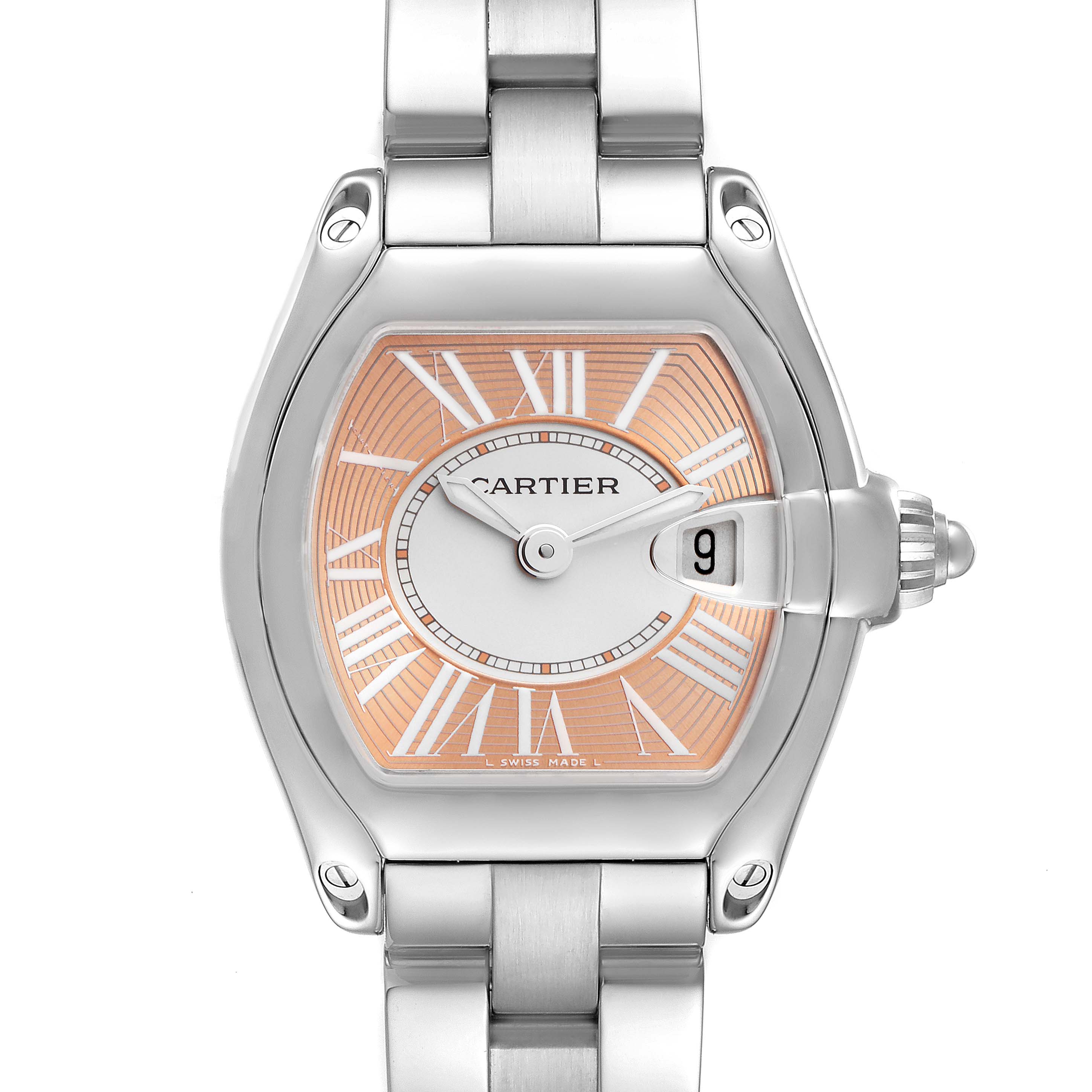The image shows a front view of the Cartier Roadster W62054V3 Women's Stainless Steel Pink Dial W62054V3 Women's Stainless Steel Pink Dial watch, highlighting the bezel, dial, hands, date window, and bracelet.