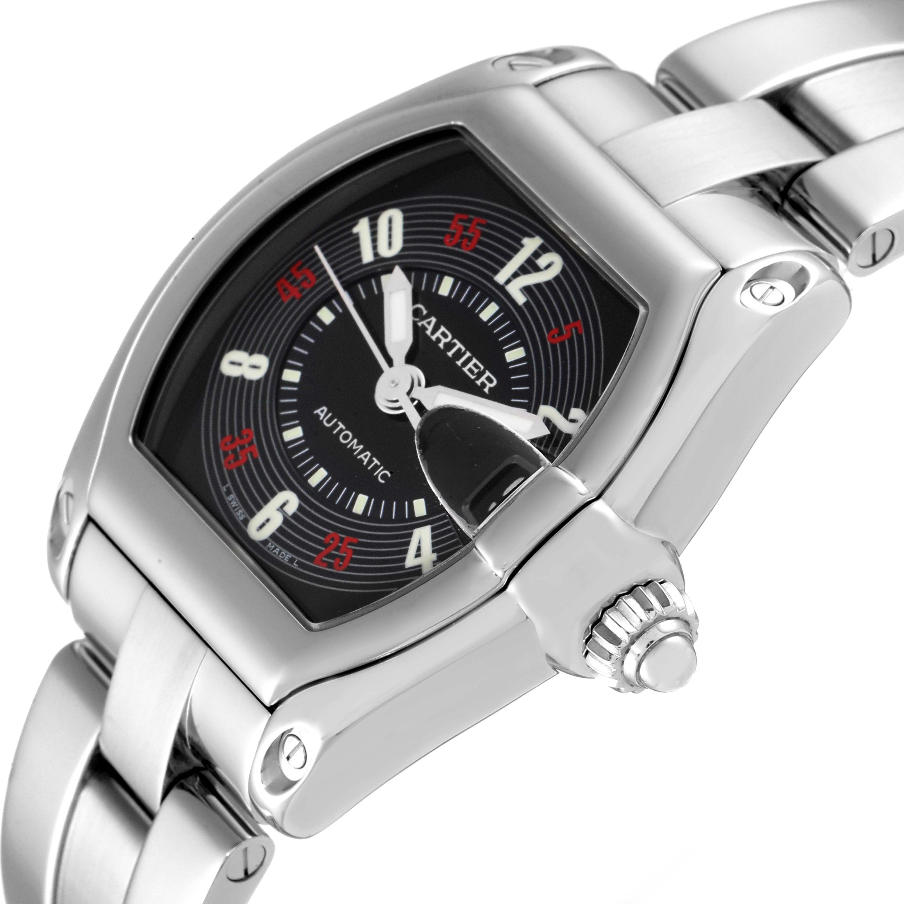 The image shows the Cartier Roadster W62002V3 Men
s Stainless Steel Black Dial W62002V3 Men
s Stainless Steel Black Dial watch at an angle highlighting its dial, crown, and part of the bracelet.