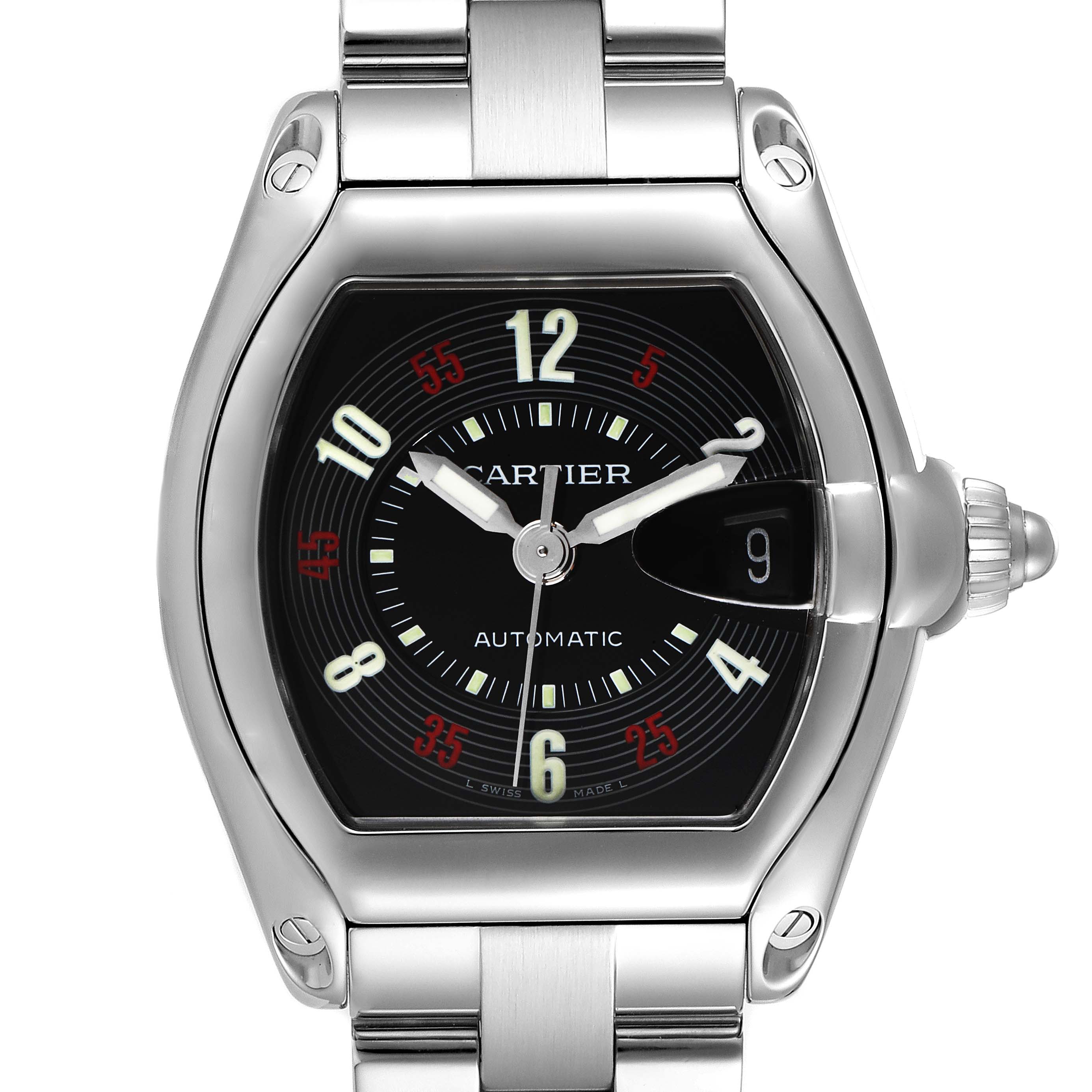 This is a head-on view of the Cartier Roadster W62002V3 Men
s Stainless Steel Black Dial W62002V3 Men
s Stainless Steel Black Dial watch showing the face, dial, case, and part of the bracelet.