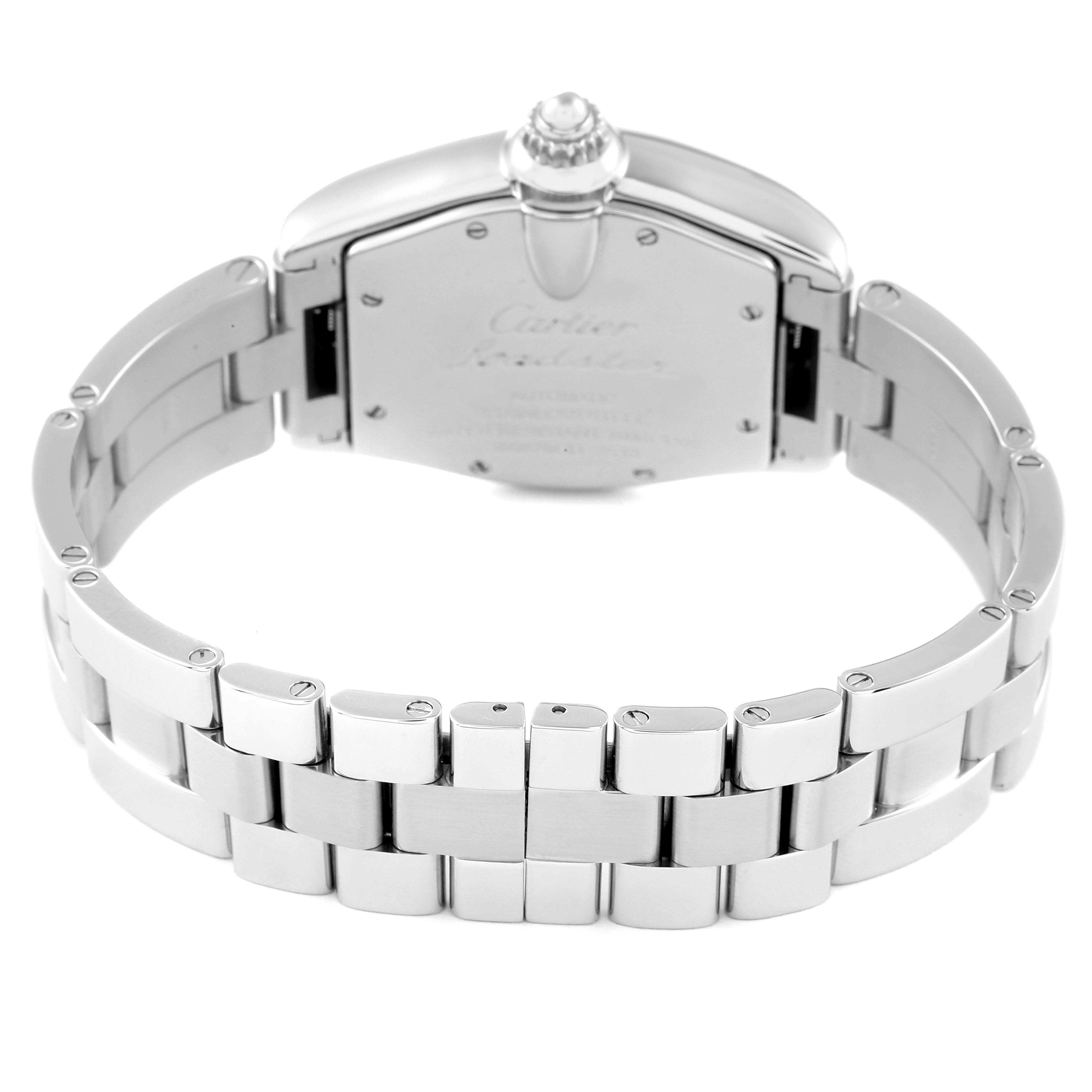 The image shows the back case and bracelet of a Roadster model watch by Cartier.