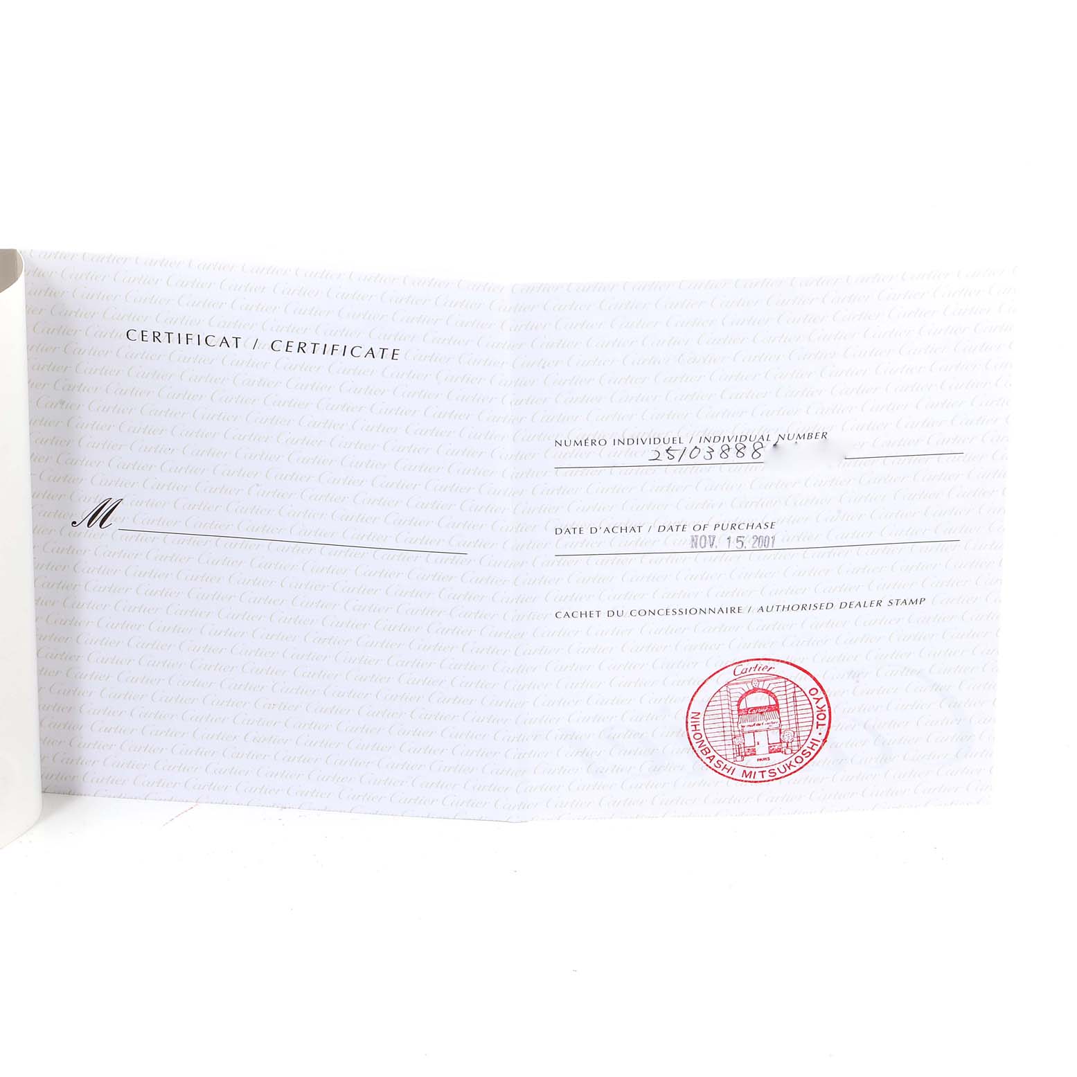 This image shows the certificate of a Cartier Roadster W62002V3 Men
s Stainless Steel Black Dial W62002V3 Men
s Stainless Steel Black Dial model watch, including the purchase date and dealer stamp.