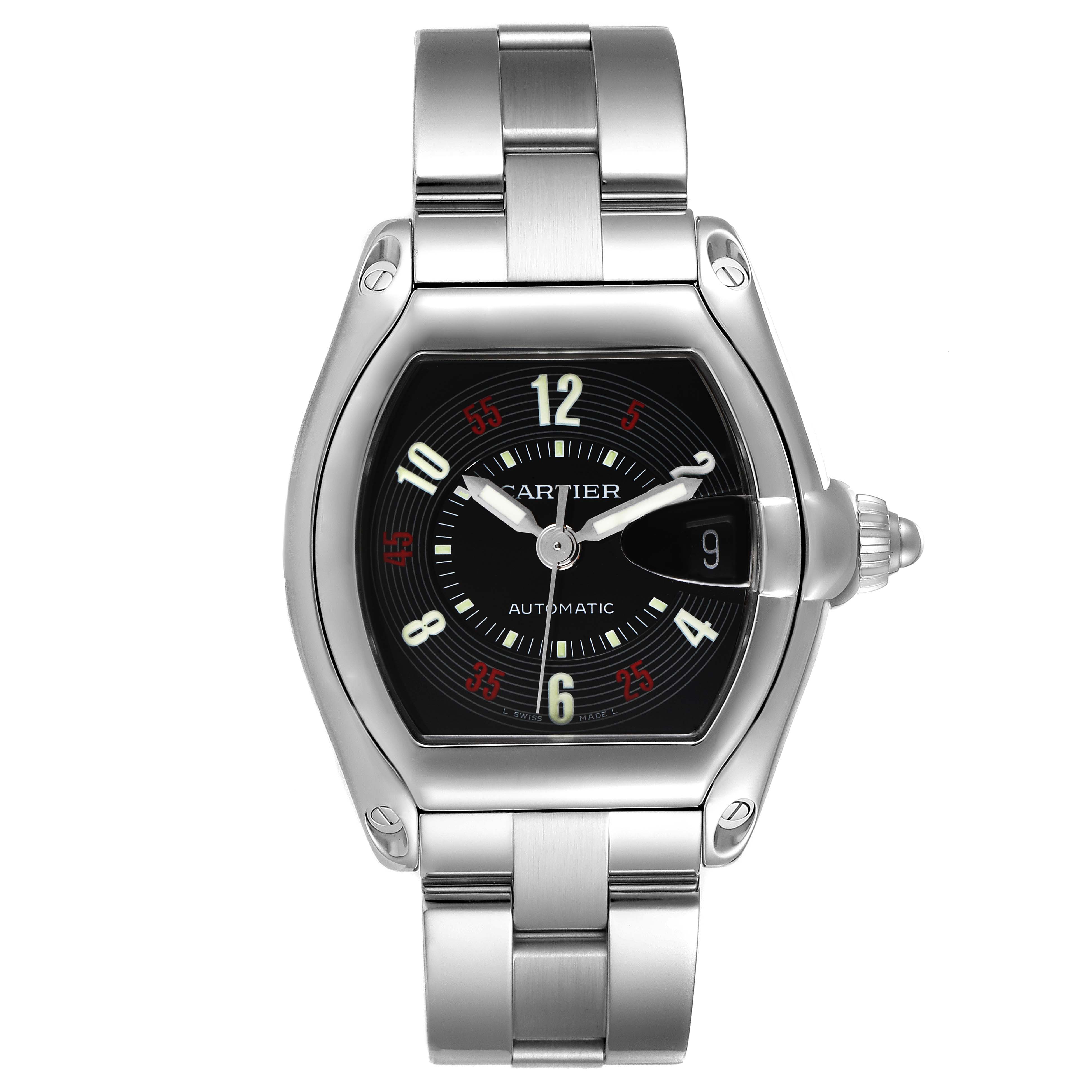 The image shows a full frontal view of the Cartier Roadster W62002V3 Men
s Stainless Steel Black Dial W62002V3 Men
s Stainless Steel Black Dial watch, displaying its face, bracelet, and crown.