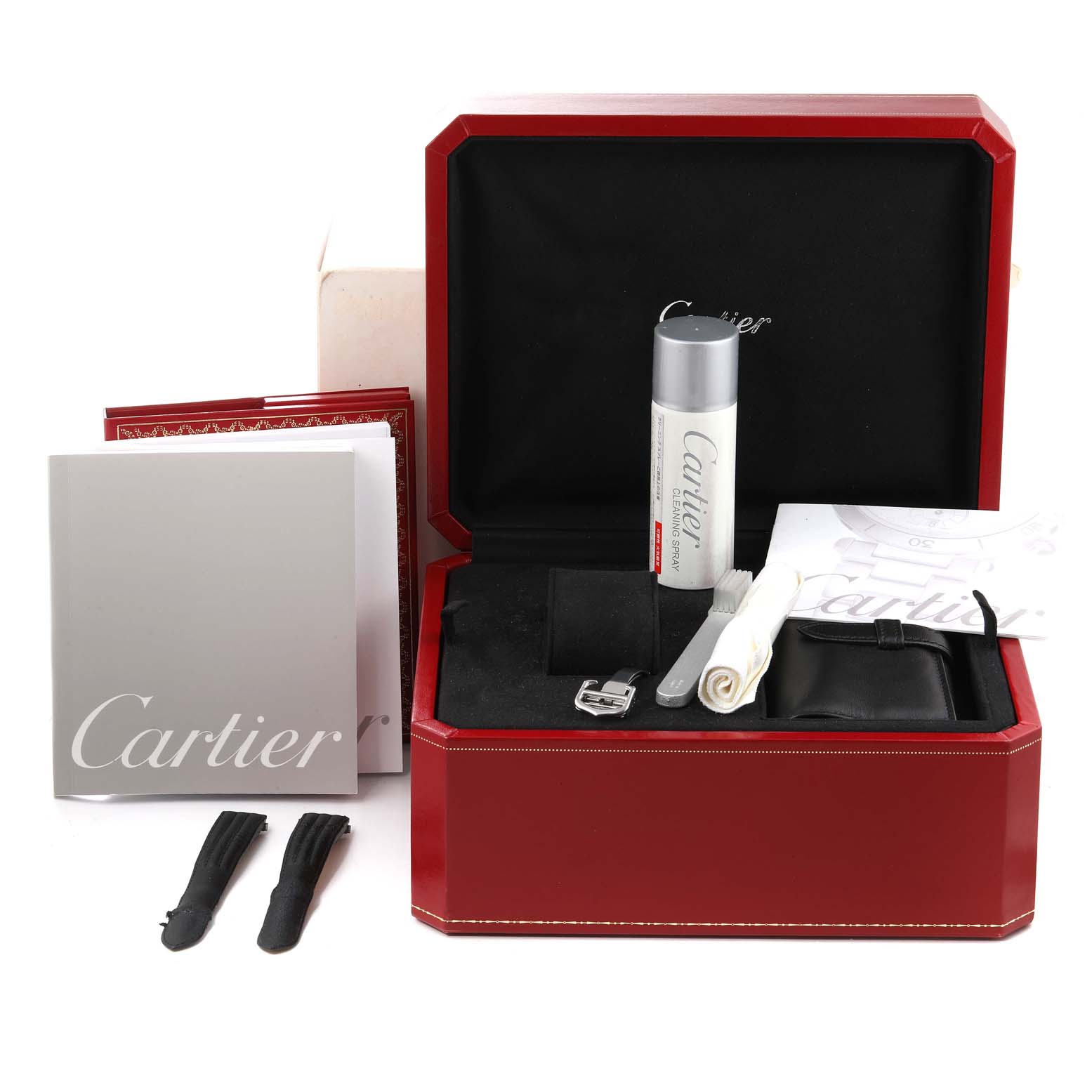 The image shows the accessories for the Cartier Roadster W62002V3 Men
s Stainless Steel Black Dial W62002V3 Men
s Stainless Steel Black Dial watch, including a box, cleaning tools, booklets, and straps.