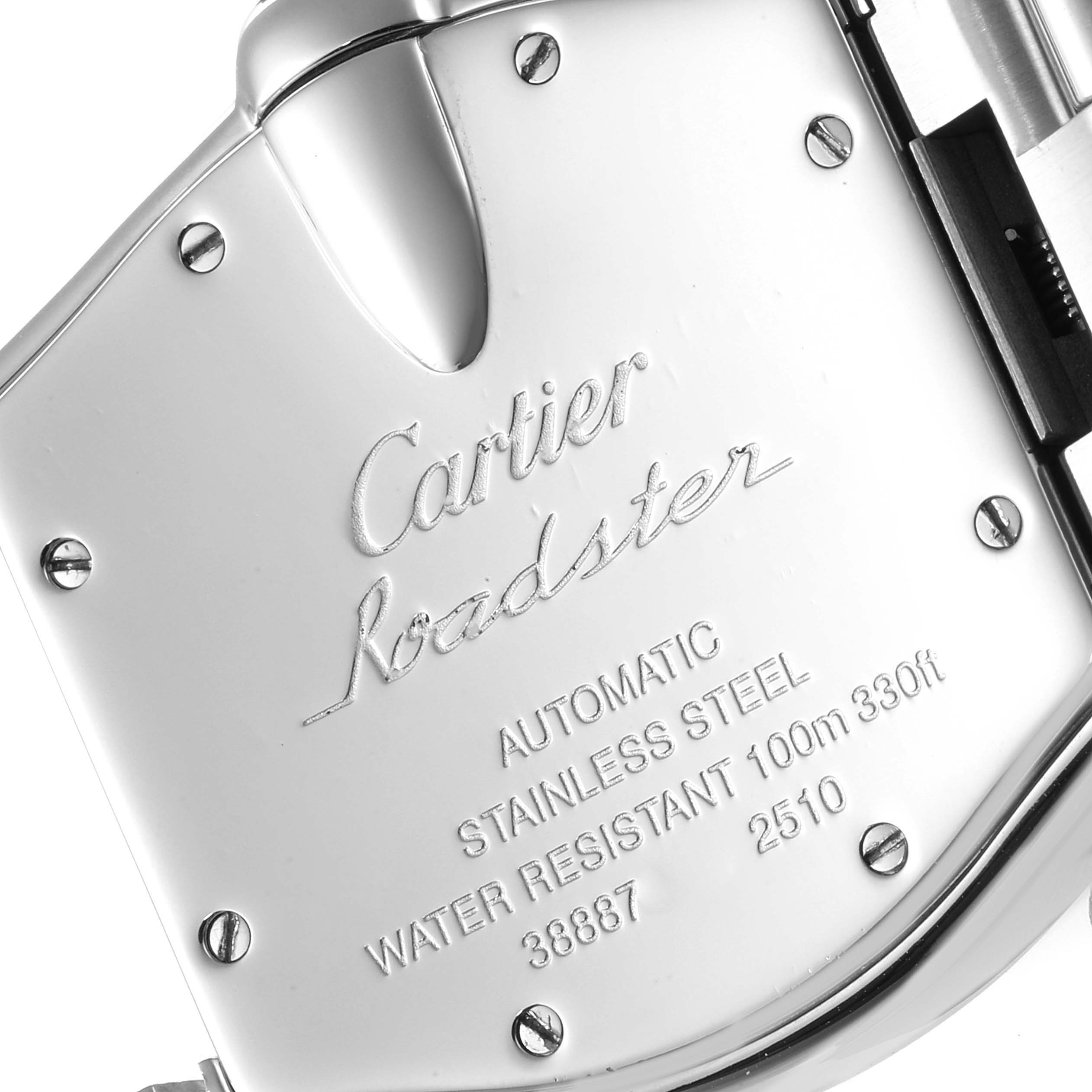 This image shows the back case of the Cartier Roadster W62002V3 Men
s Stainless Steel Black Dial W62002V3 Men
s Stainless Steel Black Dial watch, highlighting its engraving and specifications.