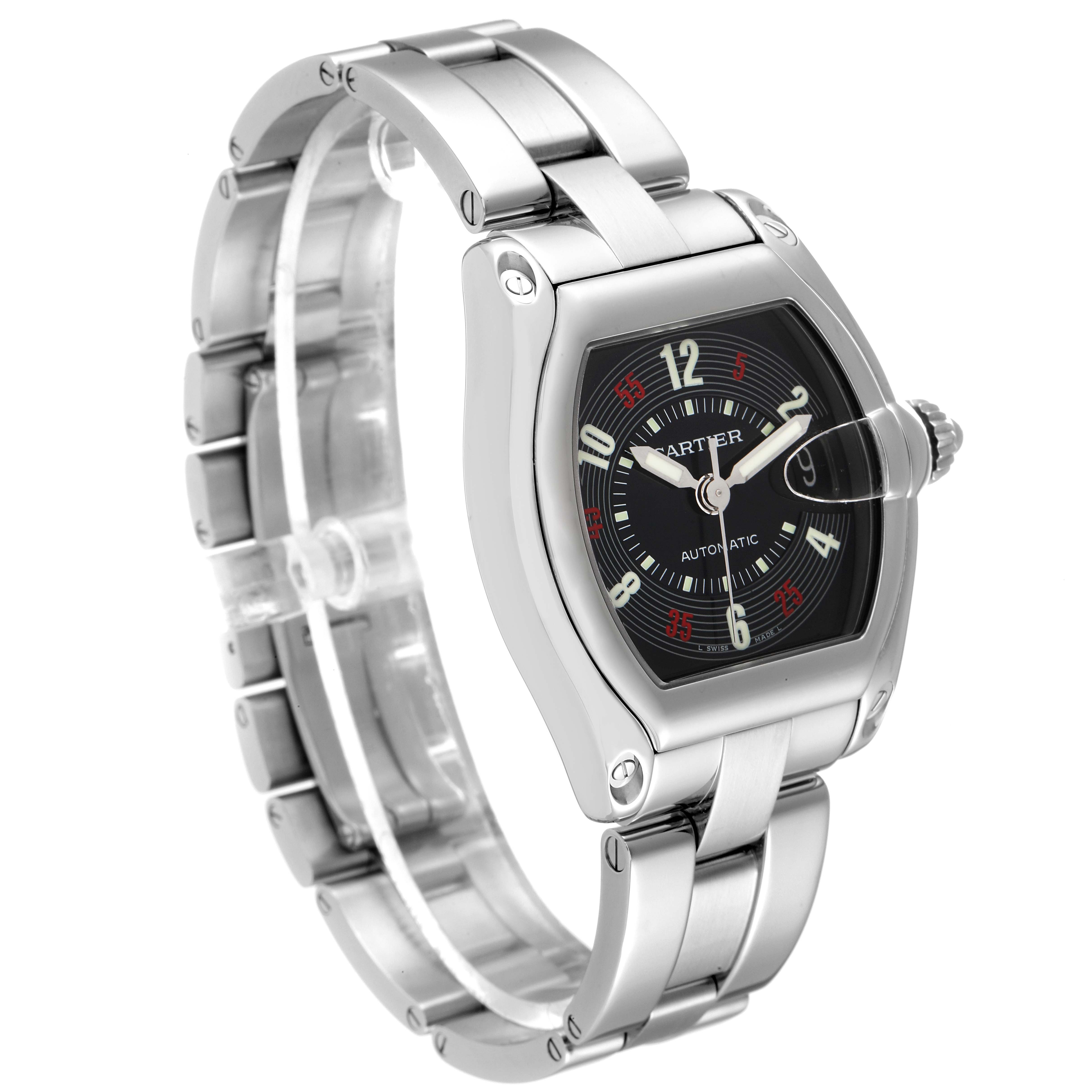 This image shows a Cartier Roadster W62002V3 Men
s Stainless Steel Black Dial W62002V3 Men
s Stainless Steel Black Dial watch from a three-quarter angle, highlighting its face, case, and bracelet.