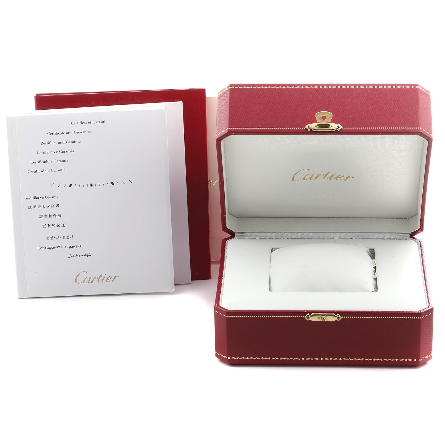 The image shows an open Cartier Ronde W6701004 Women
s Stainless Steel Silver Dial W6701004 Women
s Stainless Steel Silver Dial model watch box, certificate, and guarantee documents from a frontal angle.