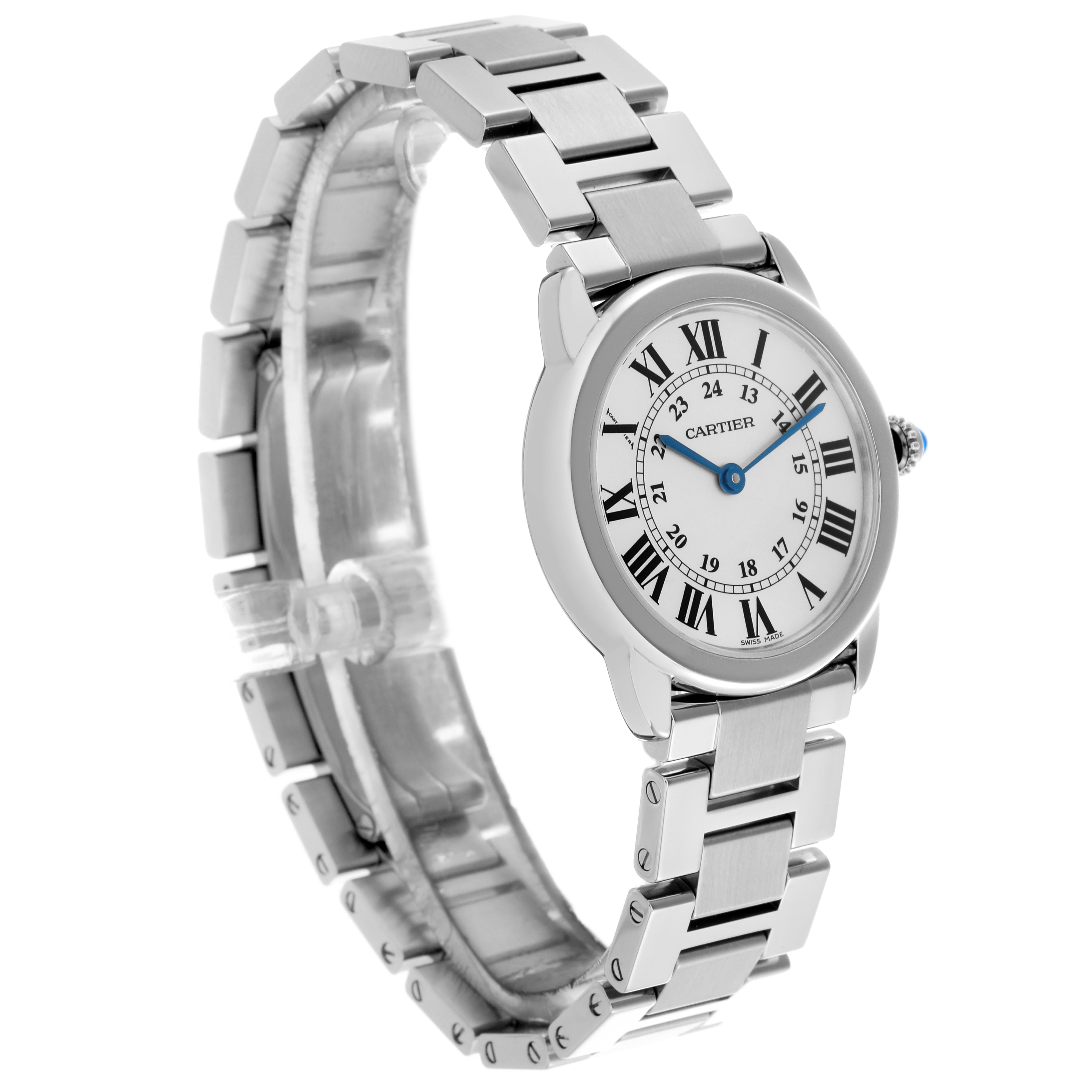 The Cartier Ronde W6701004 Women
s Stainless Steel Silver Dial W6701004 Women
s Stainless Steel Silver Dial watch is shown at a three-quarter angle, highlighting the face, bracelet, and crown.