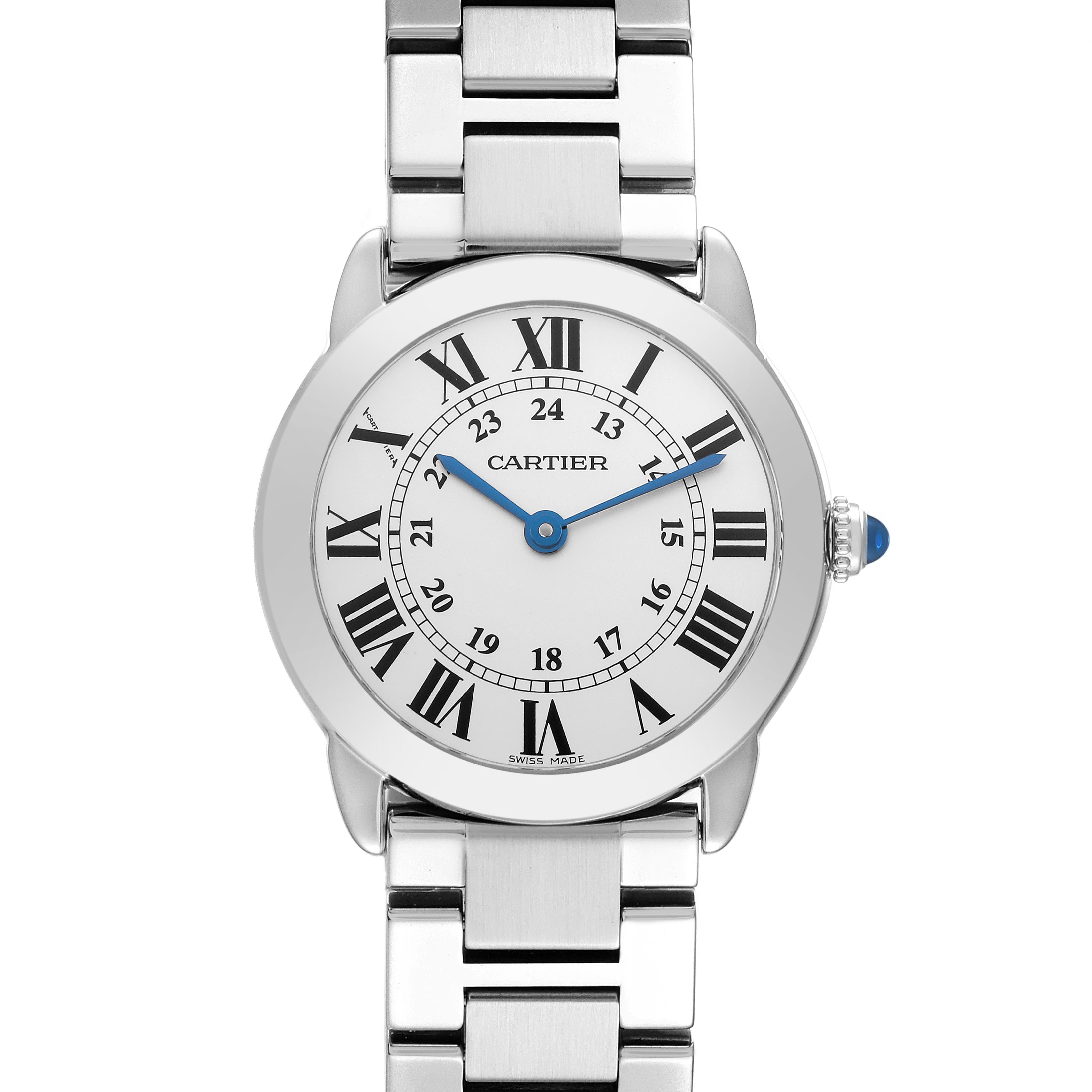 The Cartier Ronde W6701004 Women
s Stainless Steel Silver Dial W6701004 Women
s Stainless Steel Silver Dial watch is shown from the front, displaying the face with Roman numerals and metal bracelet.