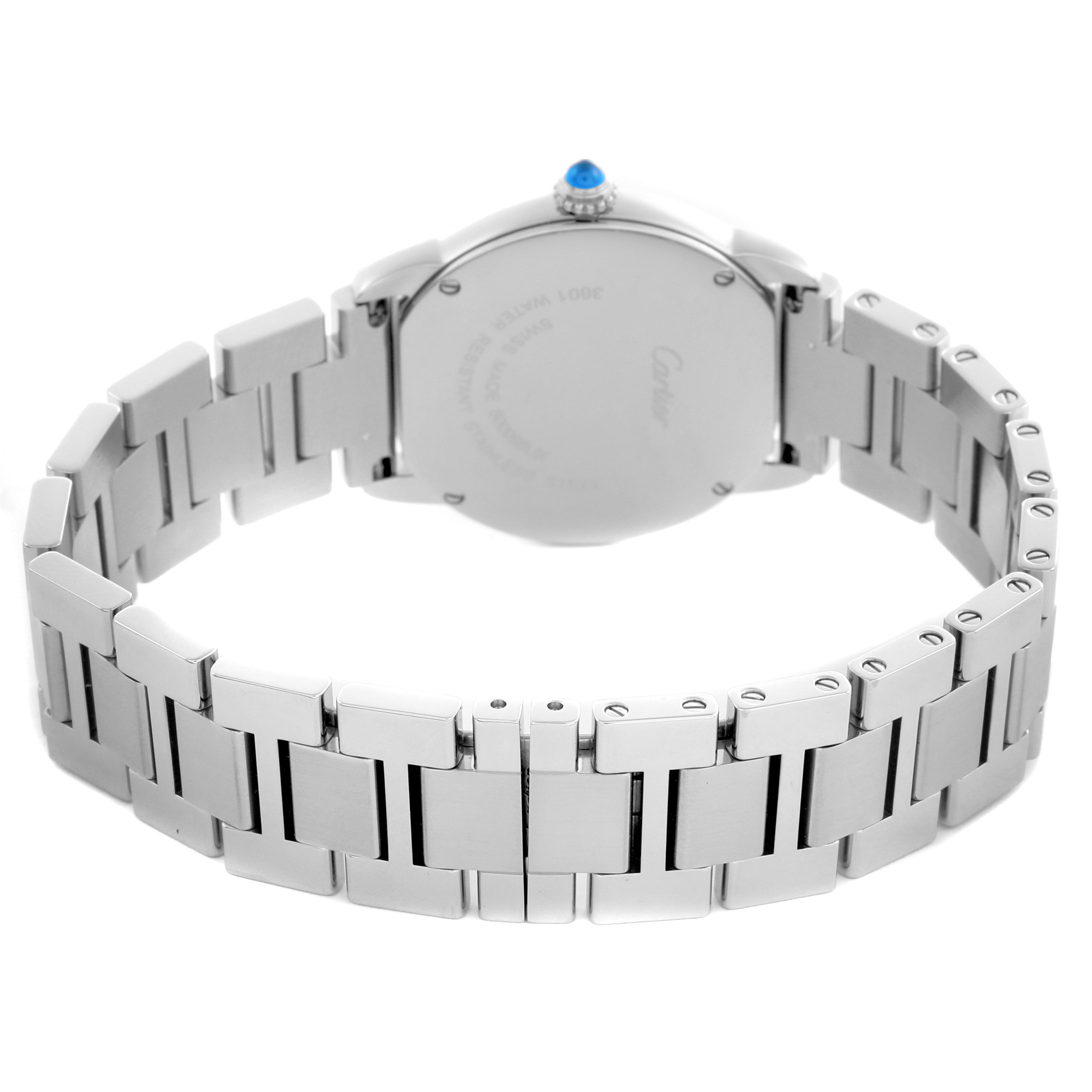 The image shows the back of a Cartier Ronde W6701004 Women
s Stainless Steel Silver Dial W6701004 Women
s Stainless Steel Silver Dial watch from a rear angle, highlighting the case back and metal bracelet.