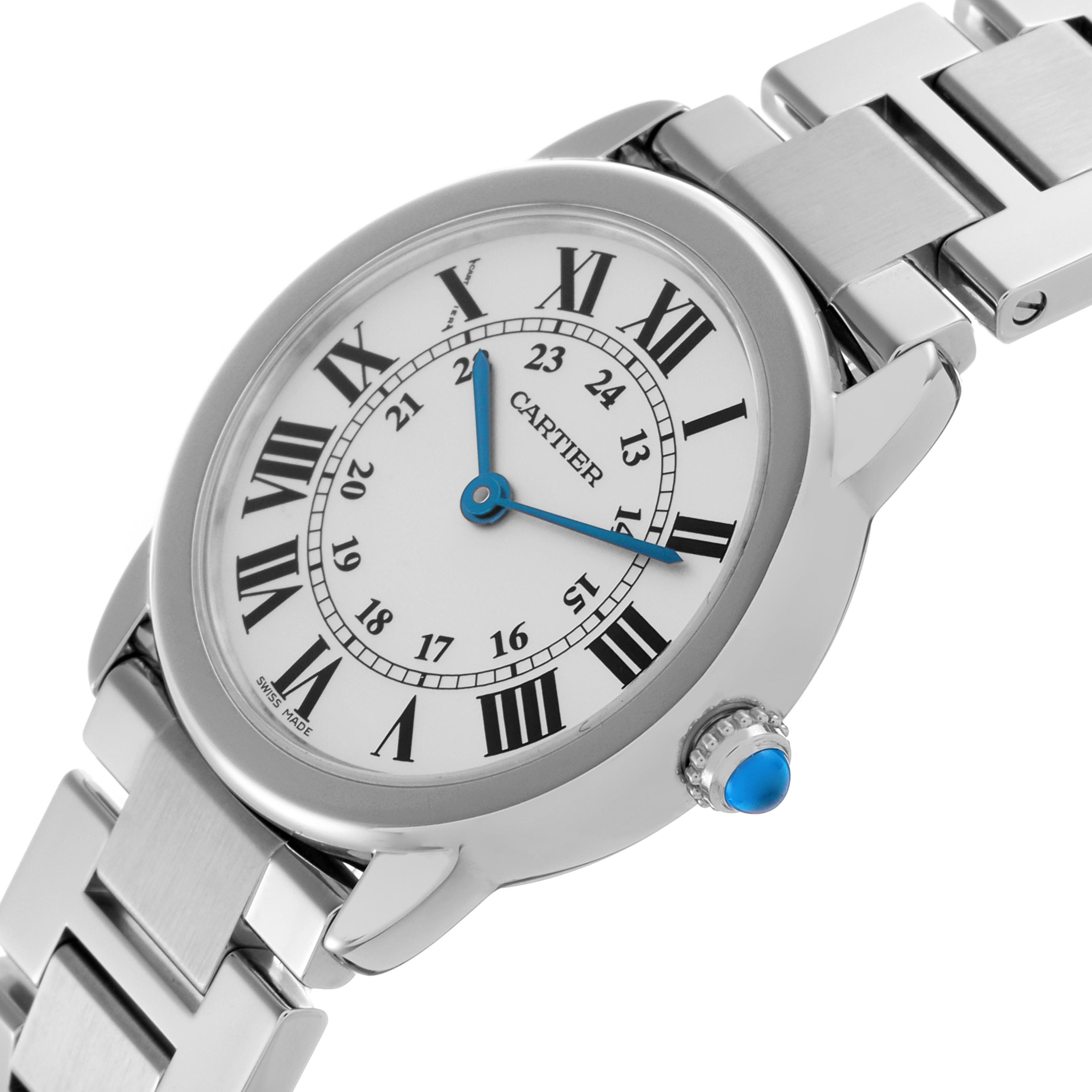 The Cartier Ronde W6701004 Women
s Stainless Steel Silver Dial W6701004 Women
s Stainless Steel Silver Dial watch is shown at an angled top-side view, highlighting the face, Roman numerals, hands, and a portion of the metal bracelet.
