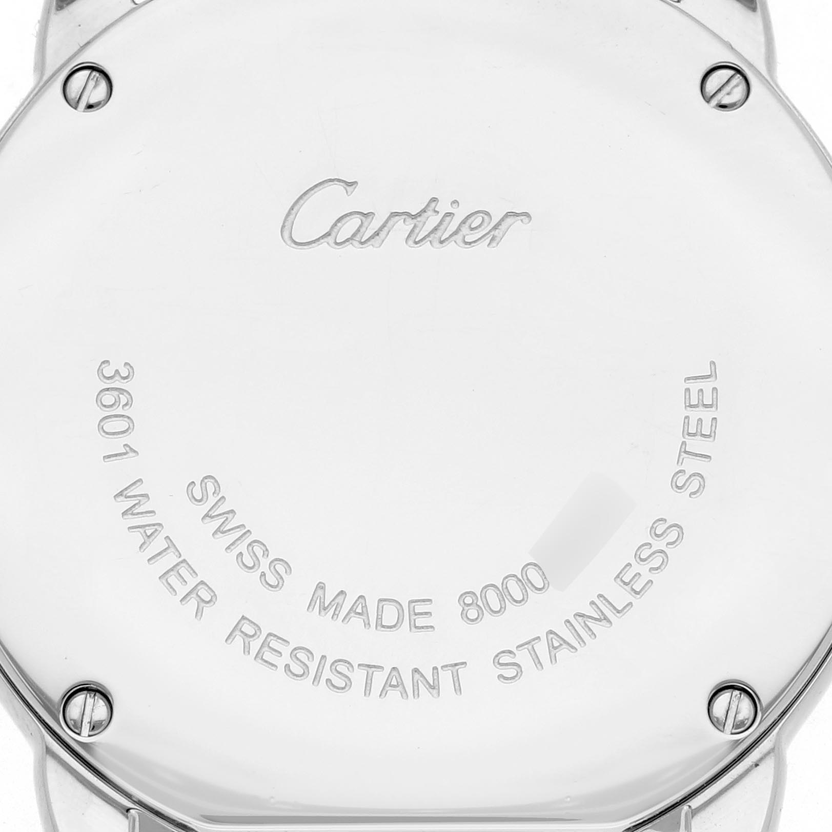 The image shows the back case of a Cartier Ronde W6701004 Women
s Stainless Steel Silver Dial W6701004 Women
s Stainless Steel Silver Dial watch, displaying the brand, model, and specifications.