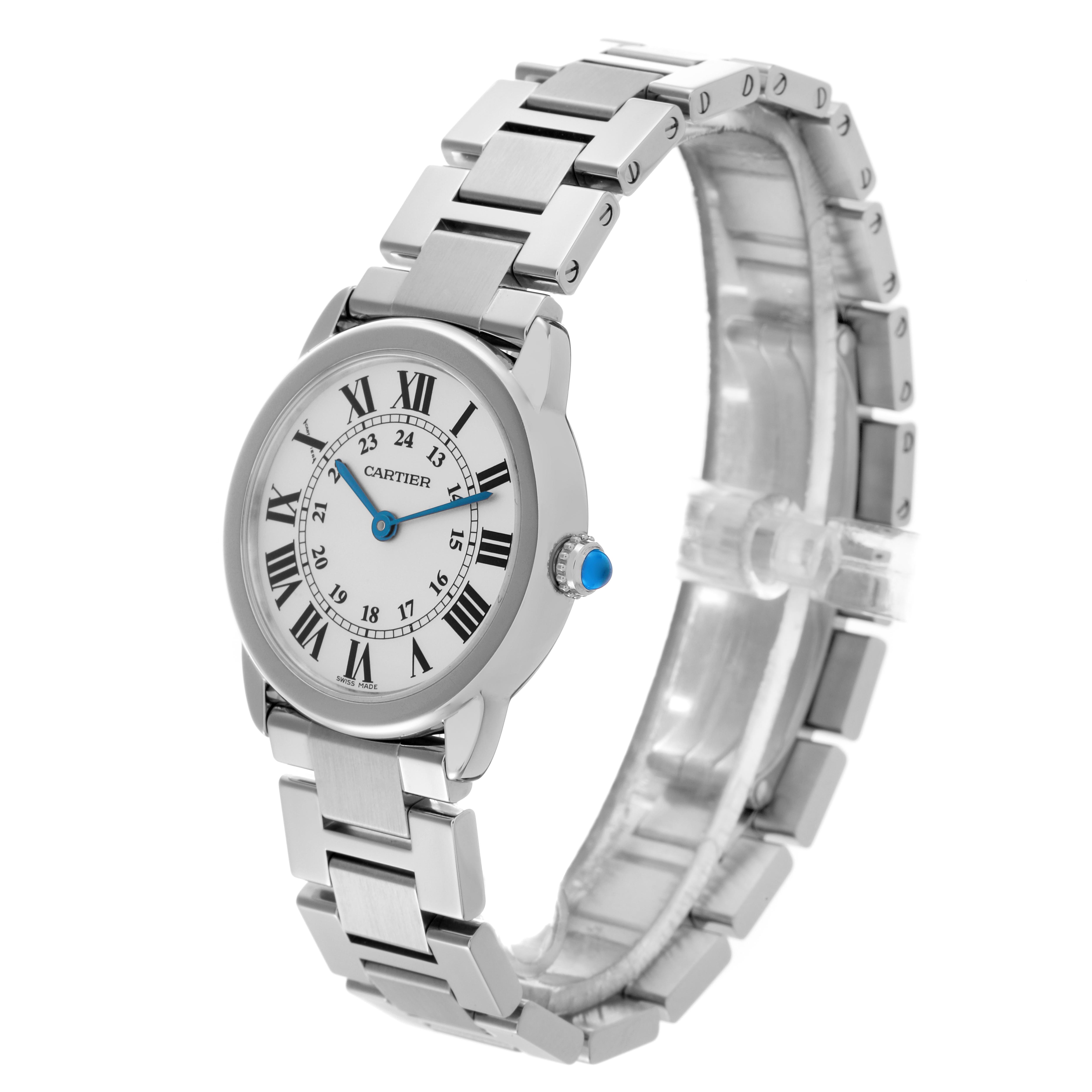 The Cartier Ronde W6701004 Women
s Stainless Steel Silver Dial W6701004 Women
s Stainless Steel Silver Dial watch is shown at a three-quarter angle, highlighting its round face, Roman numerals, and metal bracelet.