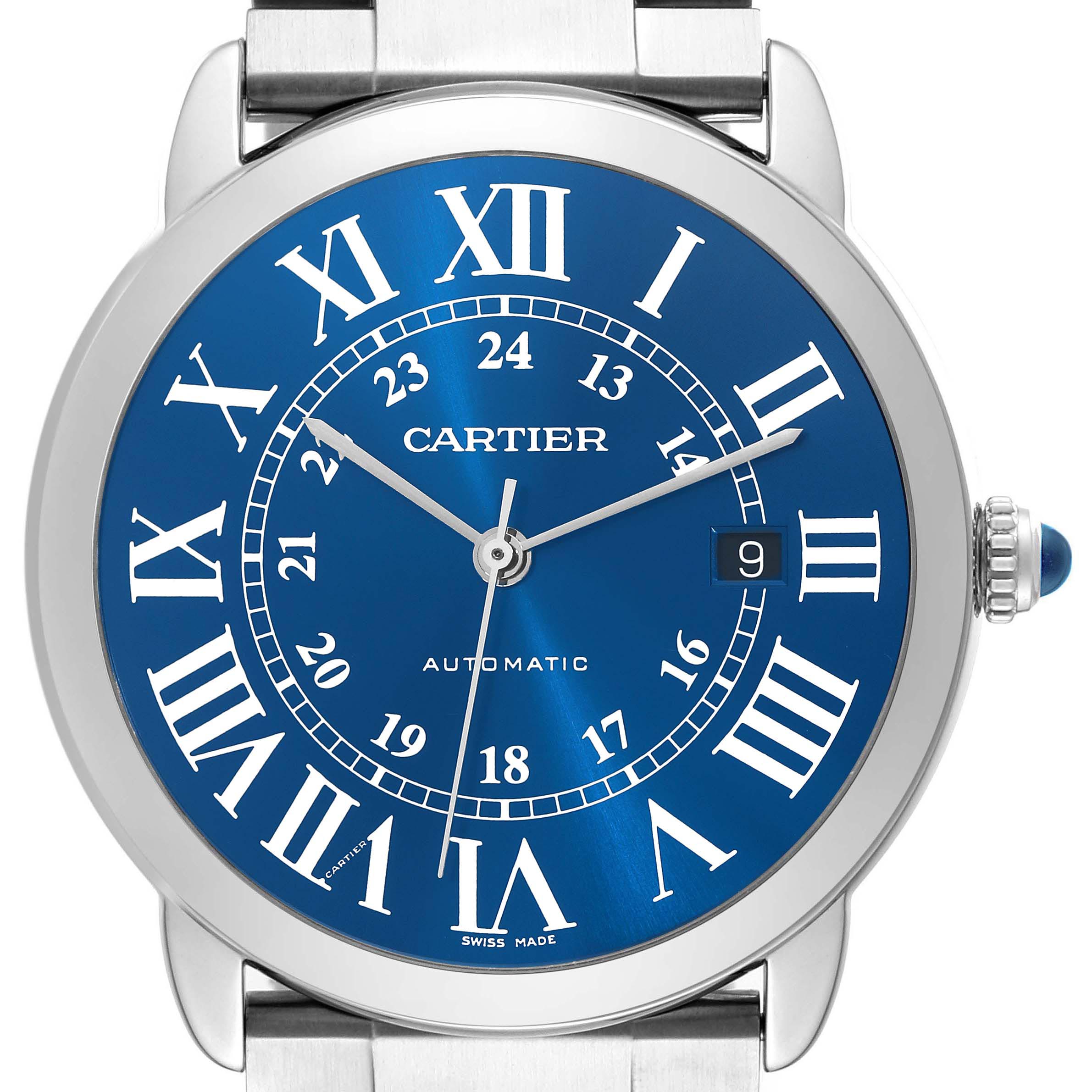 The image shows a front view of the Cartier Ronde WSRN0023 Men's Stainless Steel Blue Dial WSRN0023 Men's Stainless Steel Blue Dial watch, highlighting its blue dial, Roman numerals, and metal bracelet.