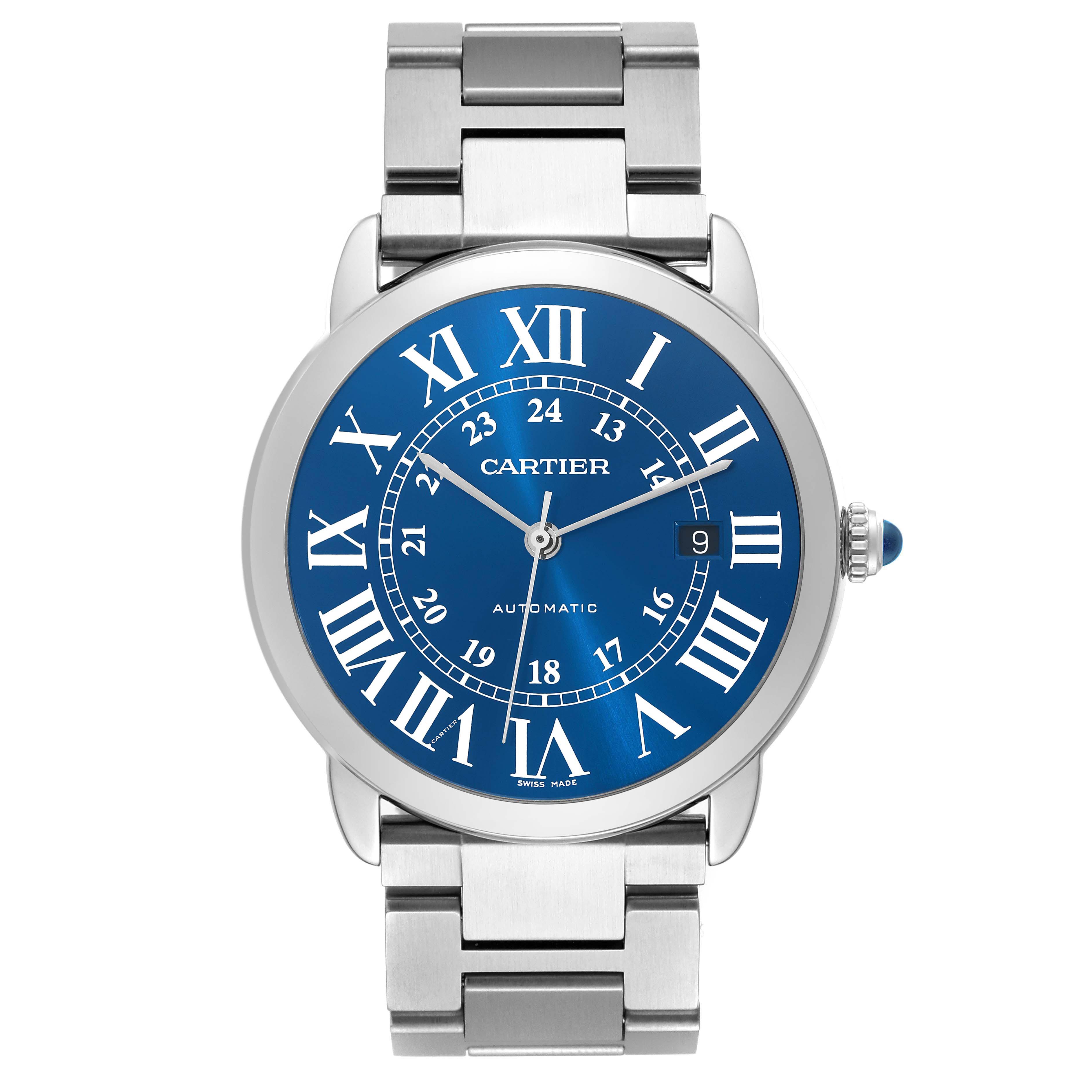 The Cartier Ronde WSRN0023 Men's Stainless Steel Blue Dial WSRN0023 Men's Stainless Steel Blue Dial watch is shown from a front view, displaying the dial, case, crown, and bracelet.