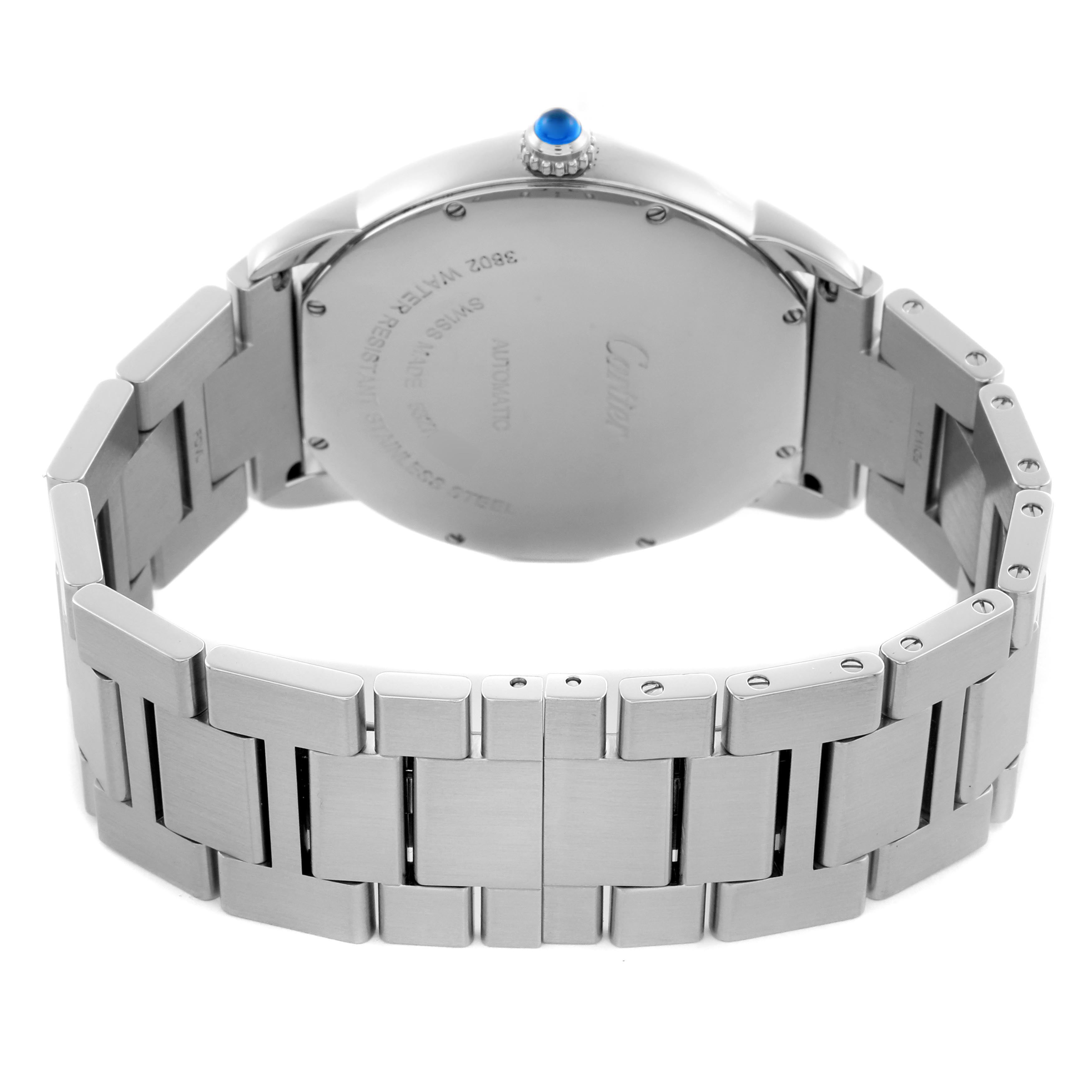 The image shows the back view of the Cartier Ronde WSRN0023 Men's Stainless Steel Blue Dial WSRN0023 Men's Stainless Steel Blue Dial watch, highlighting its stainless steel bracelet and case back.