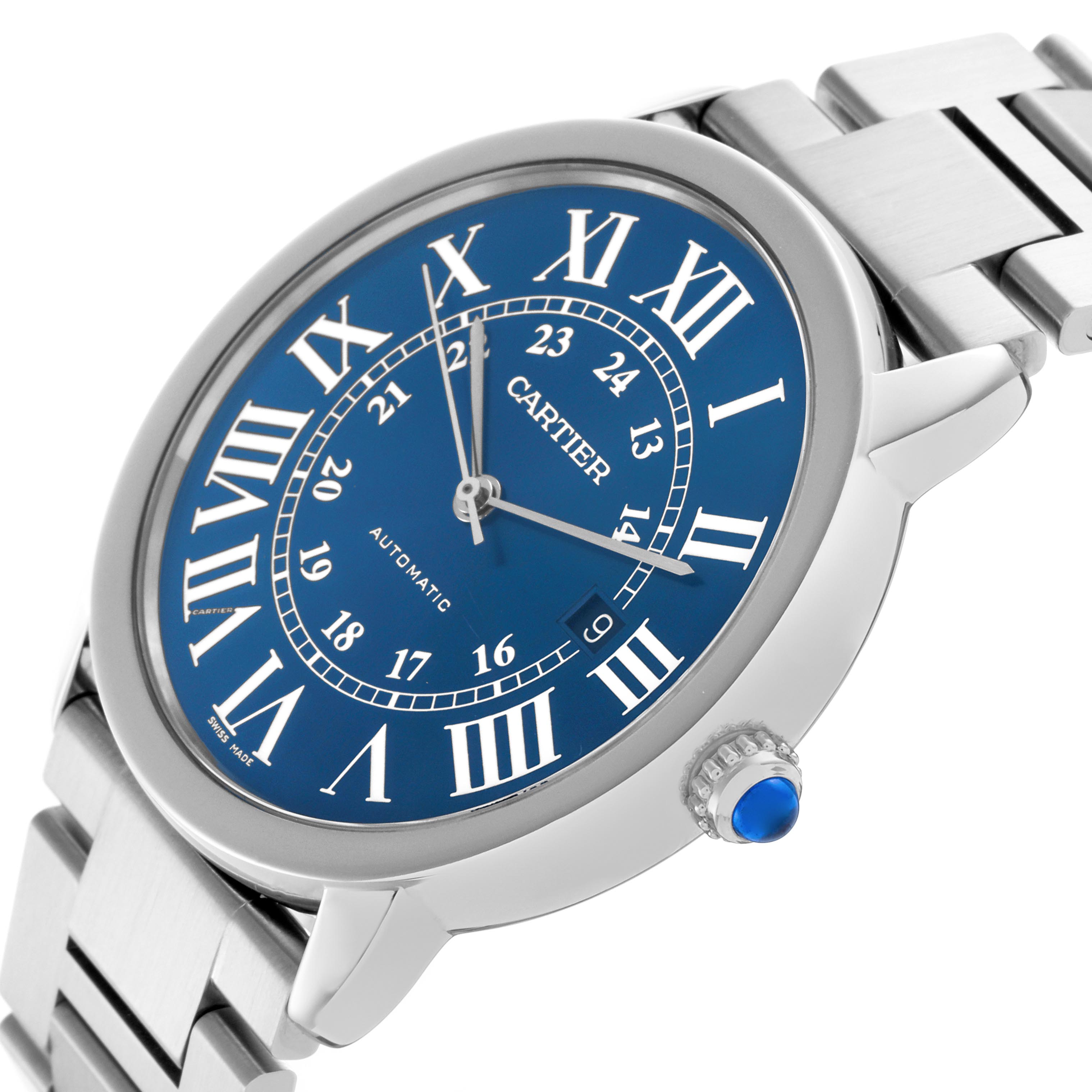 The Cartier Ronde WSRN0023 Men's Stainless Steel Blue Dial WSRN0023 Men's Stainless Steel Blue Dial watch is shown from a side angle, highlighting the blue dial, Roman numerals, crown, and metal bracelet.