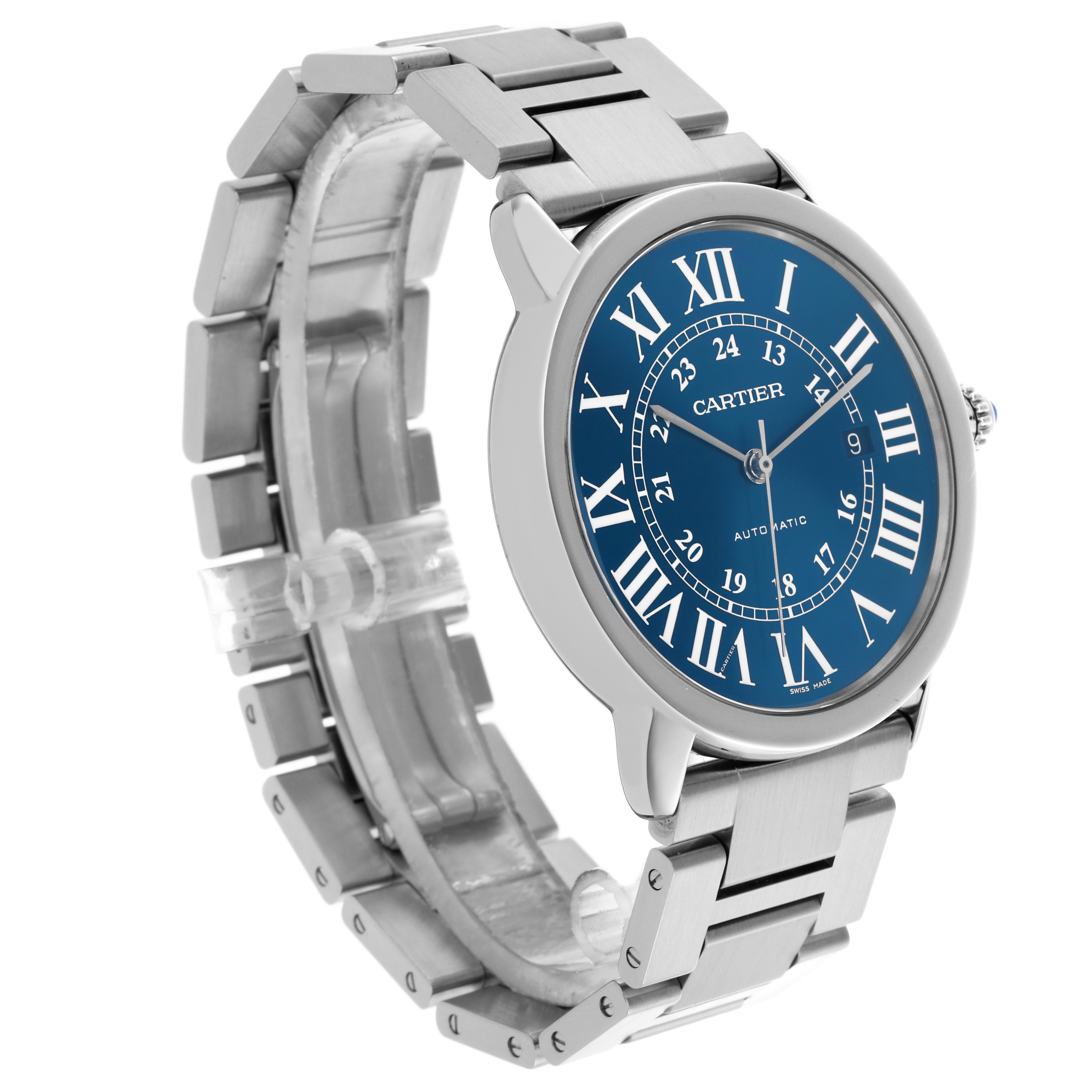 The Cartier Ronde WSRN0023 Men's Stainless Steel Blue Dial WSRN0023 Men's Stainless Steel Blue Dial model is shown at a three-quarter angle, displaying its blue dial and metal bracelet.