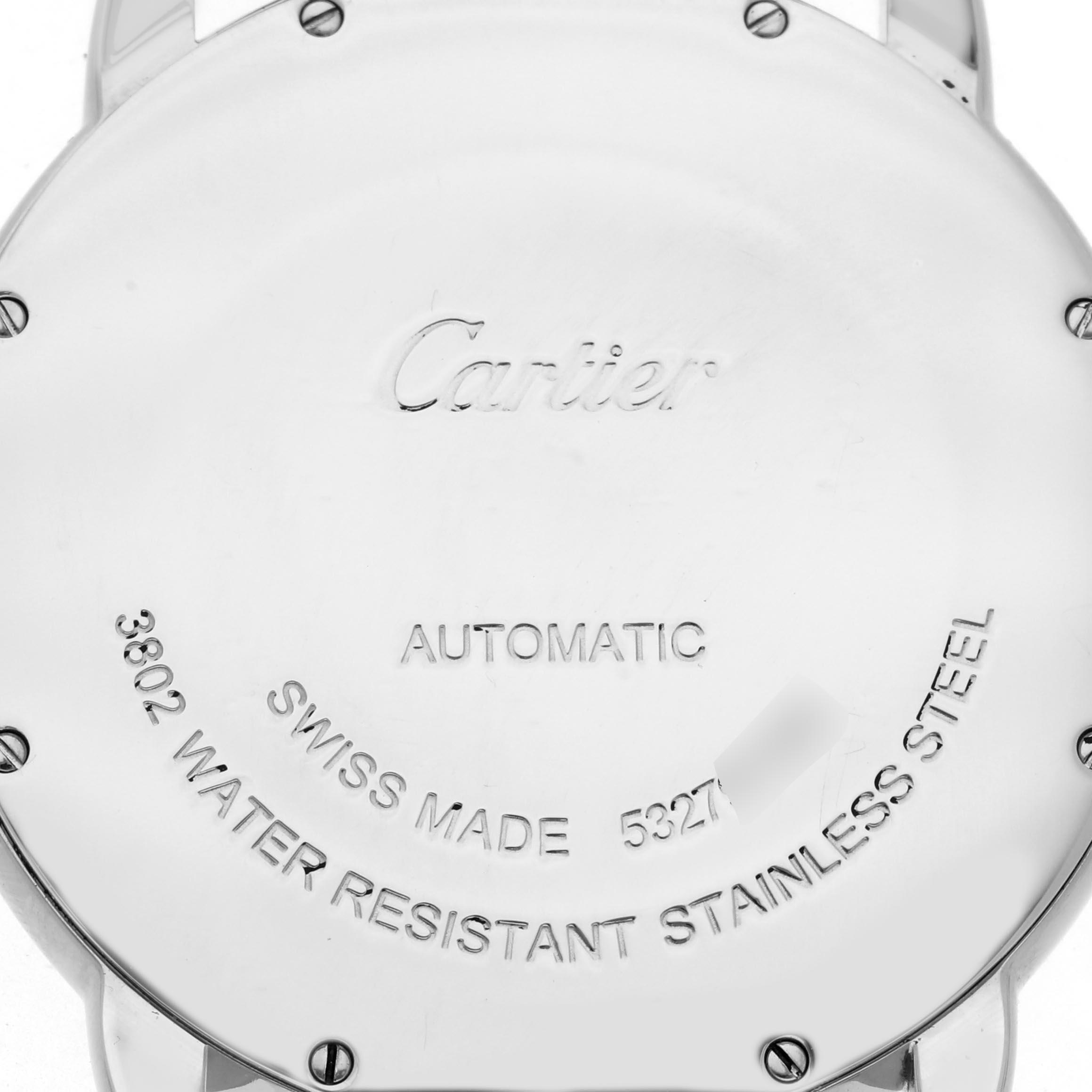 The image shows the back case of a Cartier Ronde WSRN0023 Men's Stainless Steel Blue Dial WSRN0023 Men's Stainless Steel Blue Dial watch, detailing its engravings and screws.