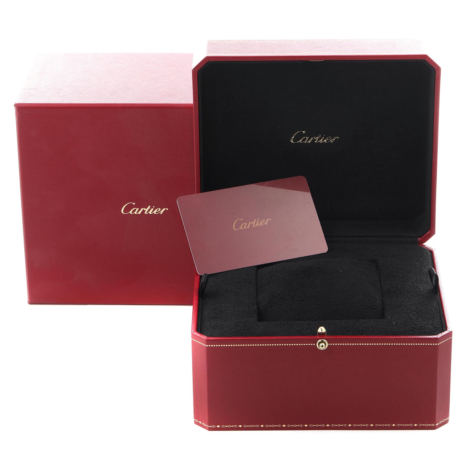 The image shows the Cartier Ronde WSRN0023 Men's Stainless Steel Blue Dial WSRN0023 Men's Stainless Steel Blue Dial watch box, open with a card displayed, highlighting the brand's elegant packaging.