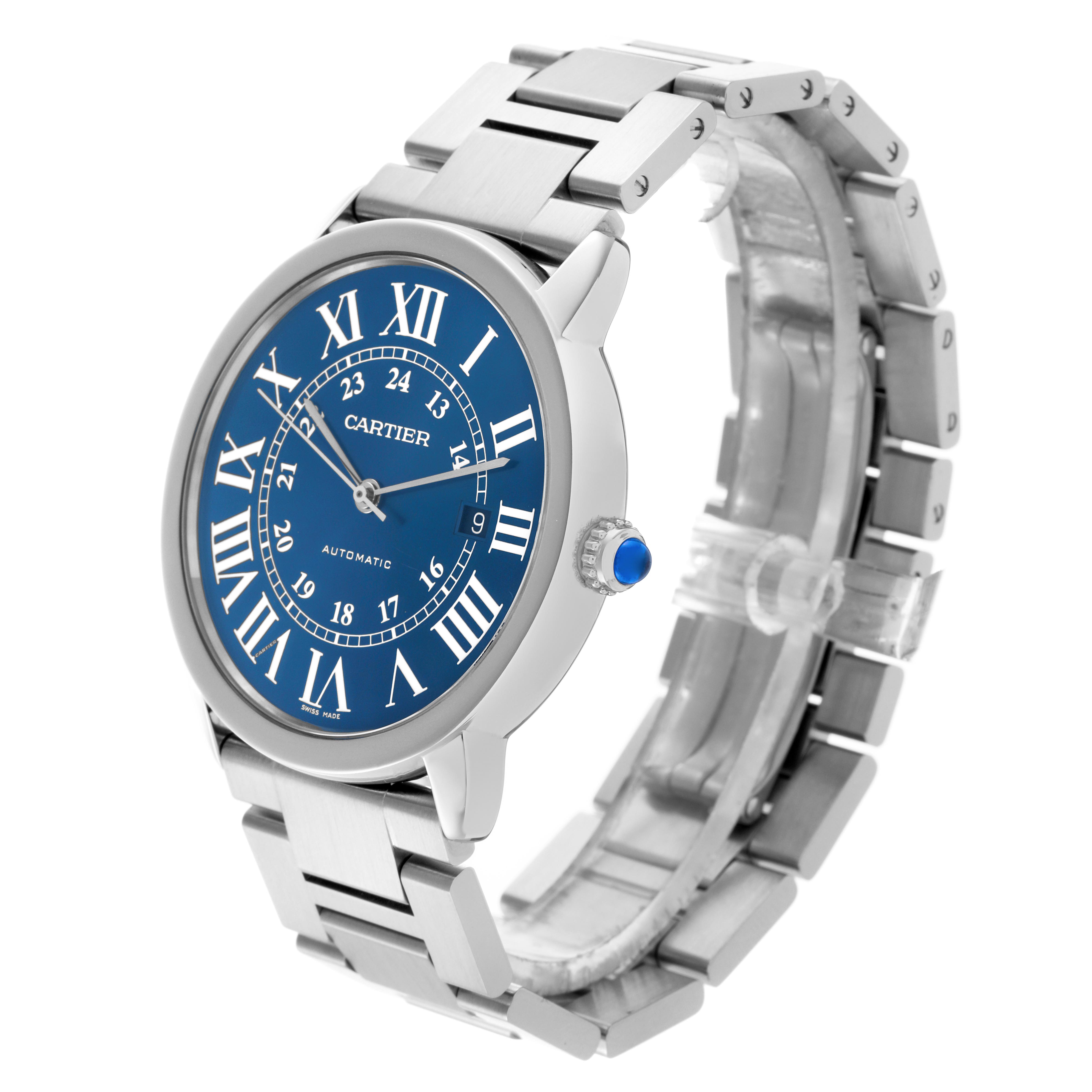 The Cartier Ronde WSRN0023 Men's Stainless Steel Blue Dial WSRN0023 Men's Stainless Steel Blue Dial watch is shown at a three-quarter angle, displaying the blue dial and silver bracelet.