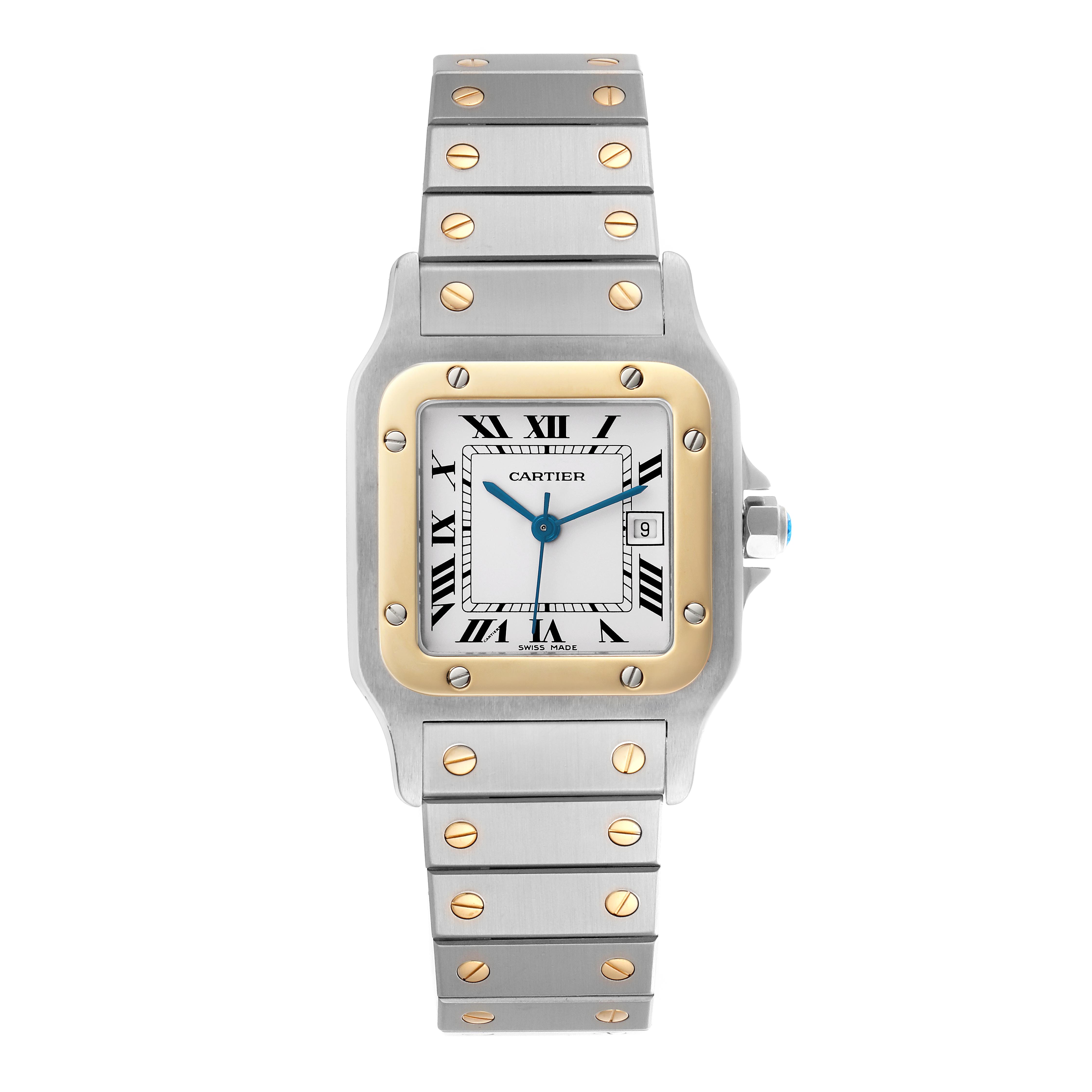 The Cartier Santos 81036288 Men's Steel and Gold (two tone) White Dial 81036288 Men's Steel and Gold (two tone) White Dial watch is shown from the front, featuring its square face, Roman numerals, date display, and metal bracelet.