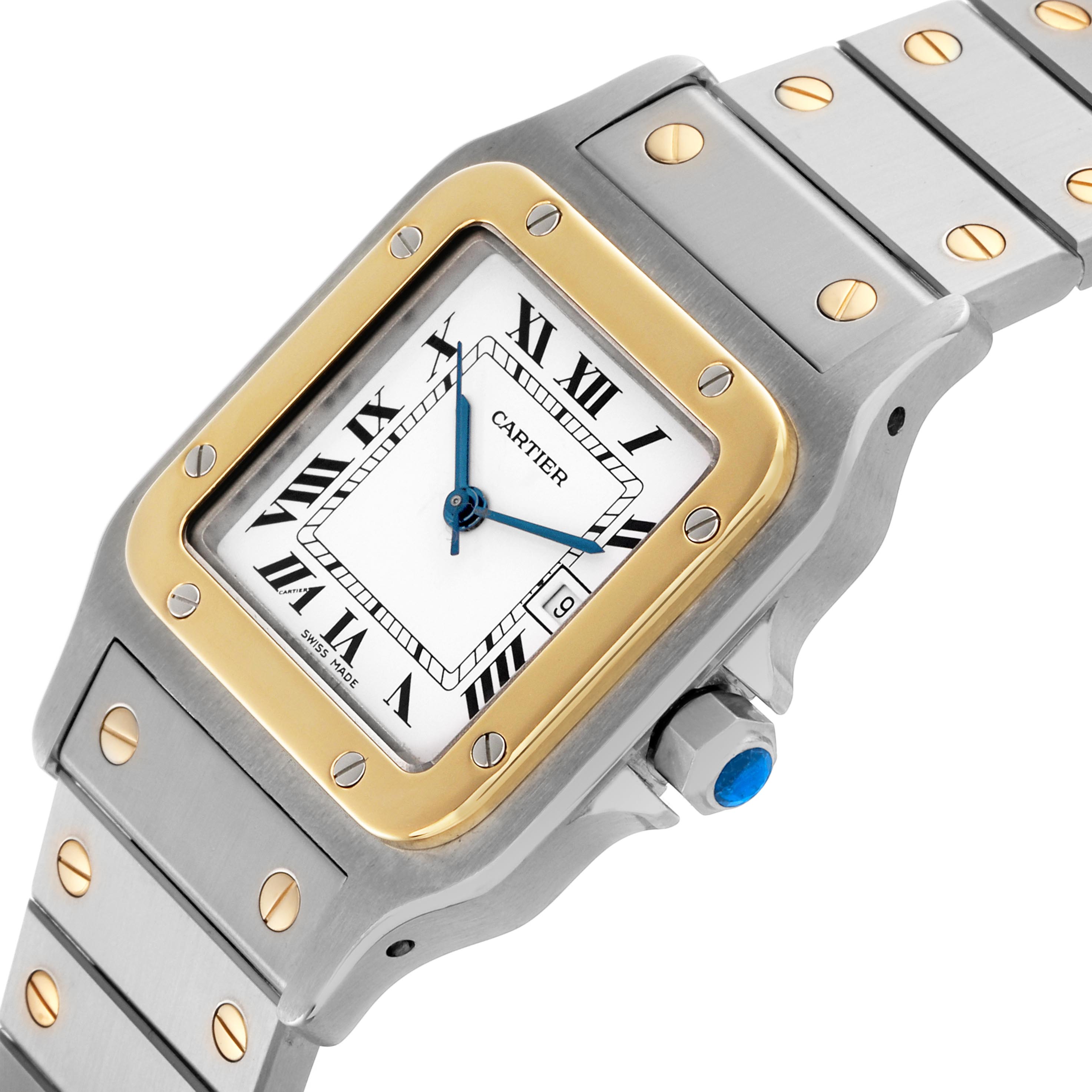 The Cartier Santos 81036288 Men's Steel and Gold (two tone) White Dial 81036288 Men's Steel and Gold (two tone) White Dial watch is shown at an angled view, highlighting the bezel, dial, crown, and part of the bracelet.
