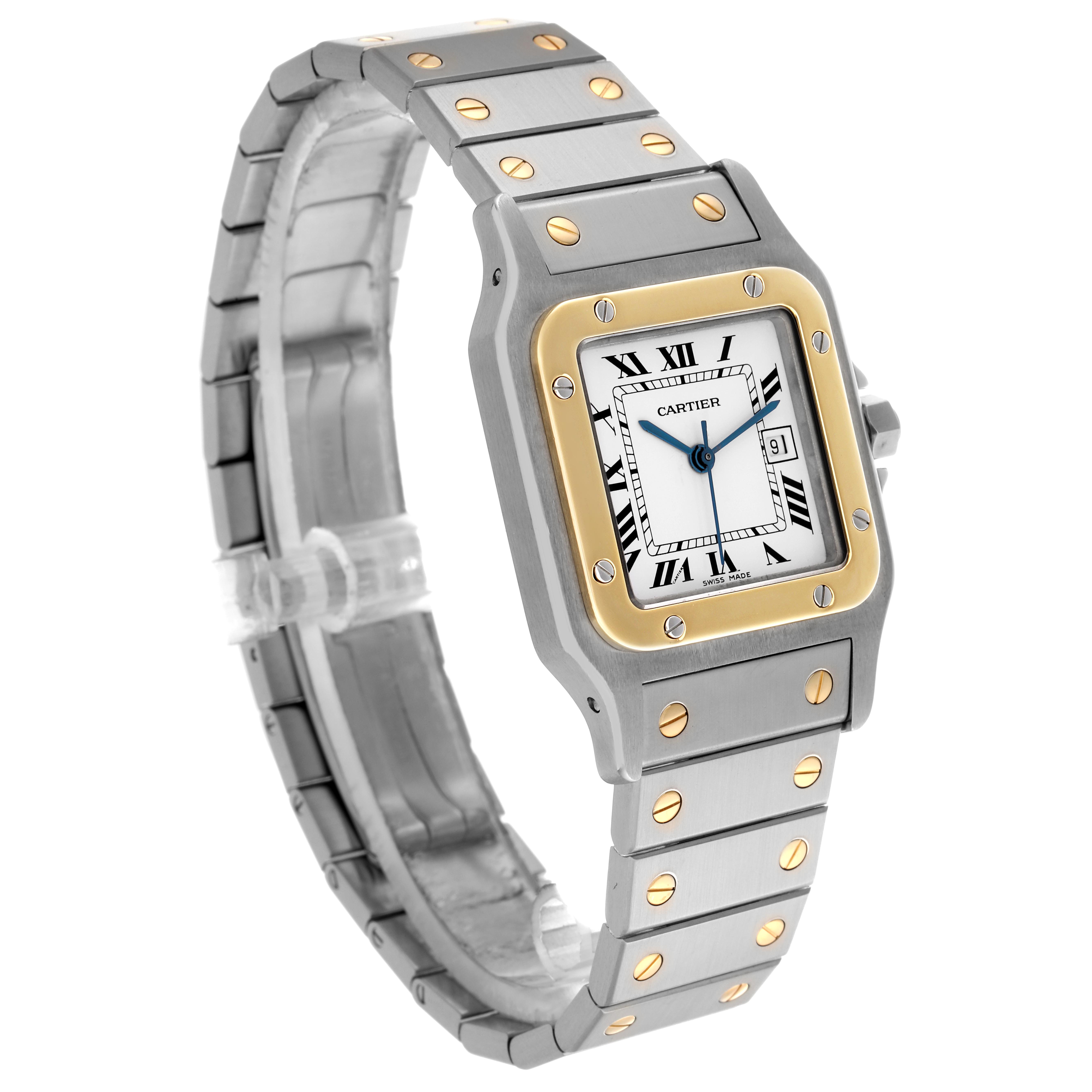 The Cartier Santos 81036288 Men's Steel and Gold (two tone) White Dial 81036288 Men's Steel and Gold (two tone) White Dial watch is shown at an angled view, highlighting the face, bezel, and strap with gold screws.