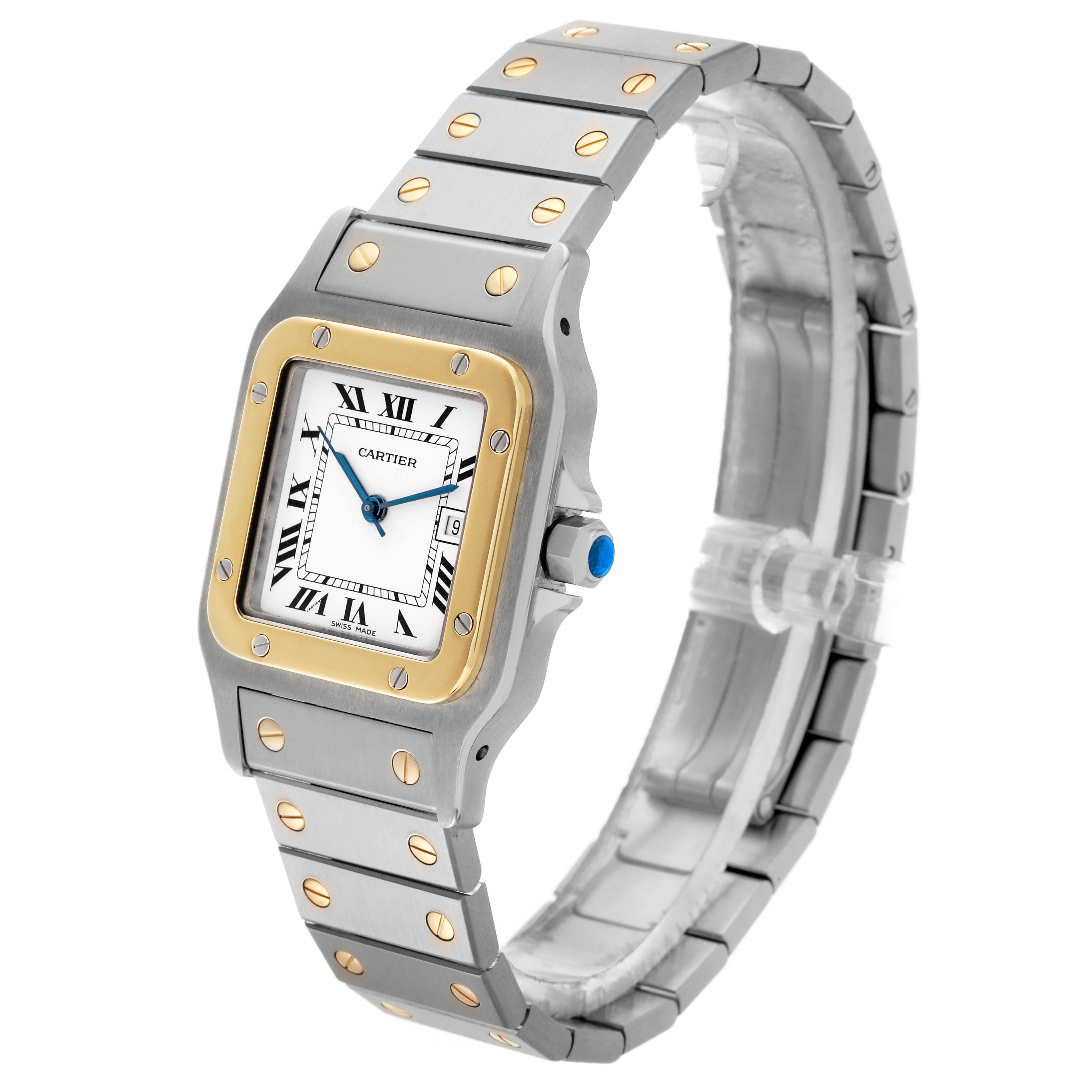 The Cartier Santos 81036288 Men's Steel and Gold (two tone) White Dial 81036288 Men's Steel and Gold (two tone) White Dial watch is shown at a three-quarter angle, displaying its face, bezel, and bracelet.