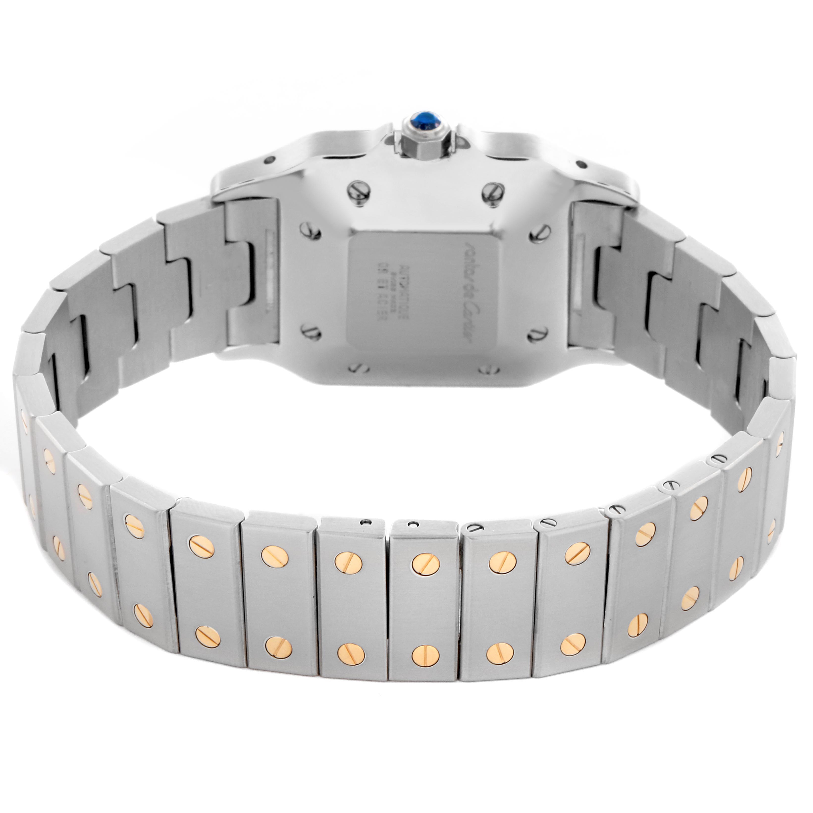 The image shows the back of a Cartier Santos 81036288 Men's Steel and Gold (two tone) White Dial 81036288 Men's Steel and Gold (two tone) White Dial watch, highlighting the bracelet and case back.