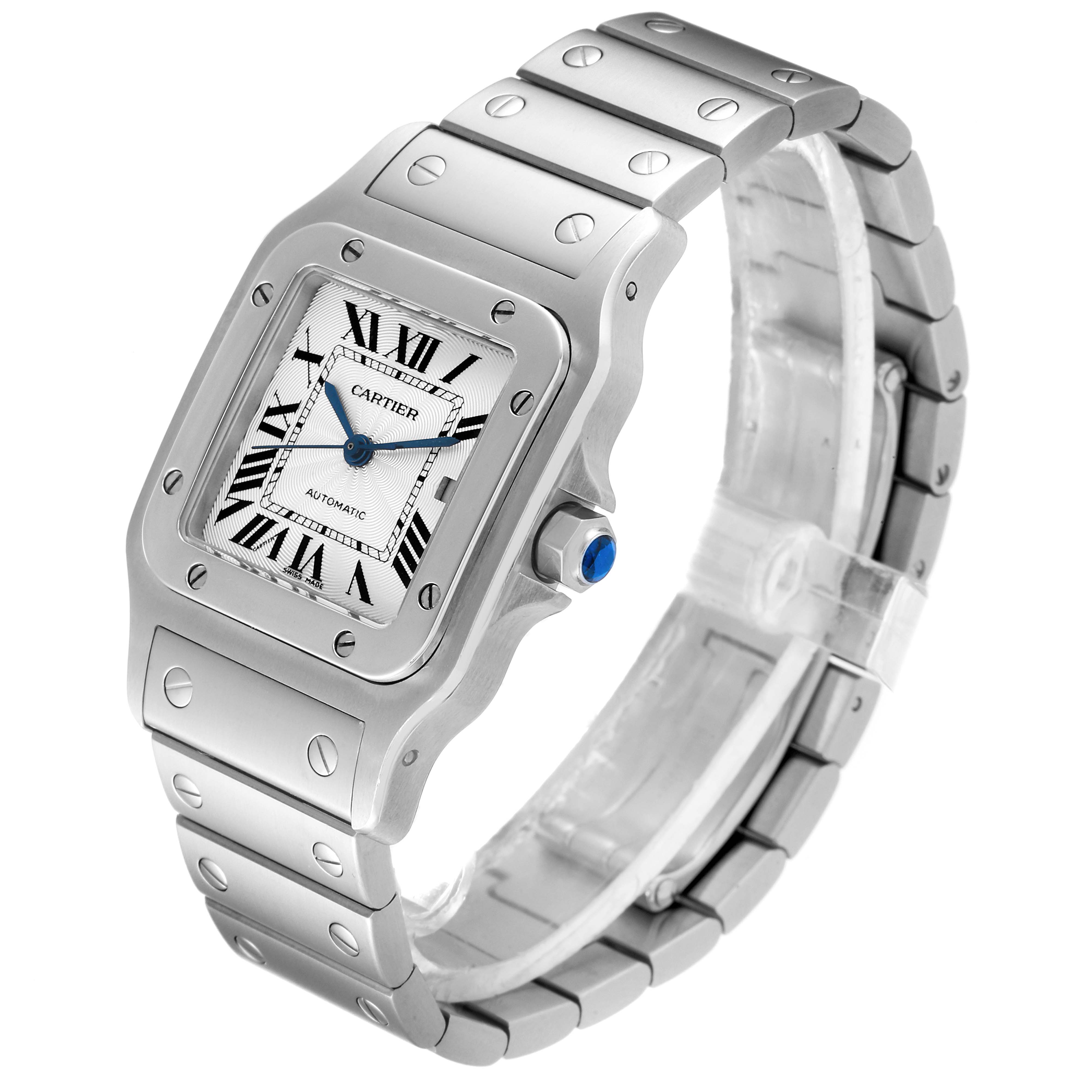 The image shows a Cartier Santos W20055D6 Men's Stainless Steel Silver Dial W20055D6 Men's Stainless Steel Silver Dial watch at a three-quarter angle, displaying the face, bezel, crown, and bracelet.
