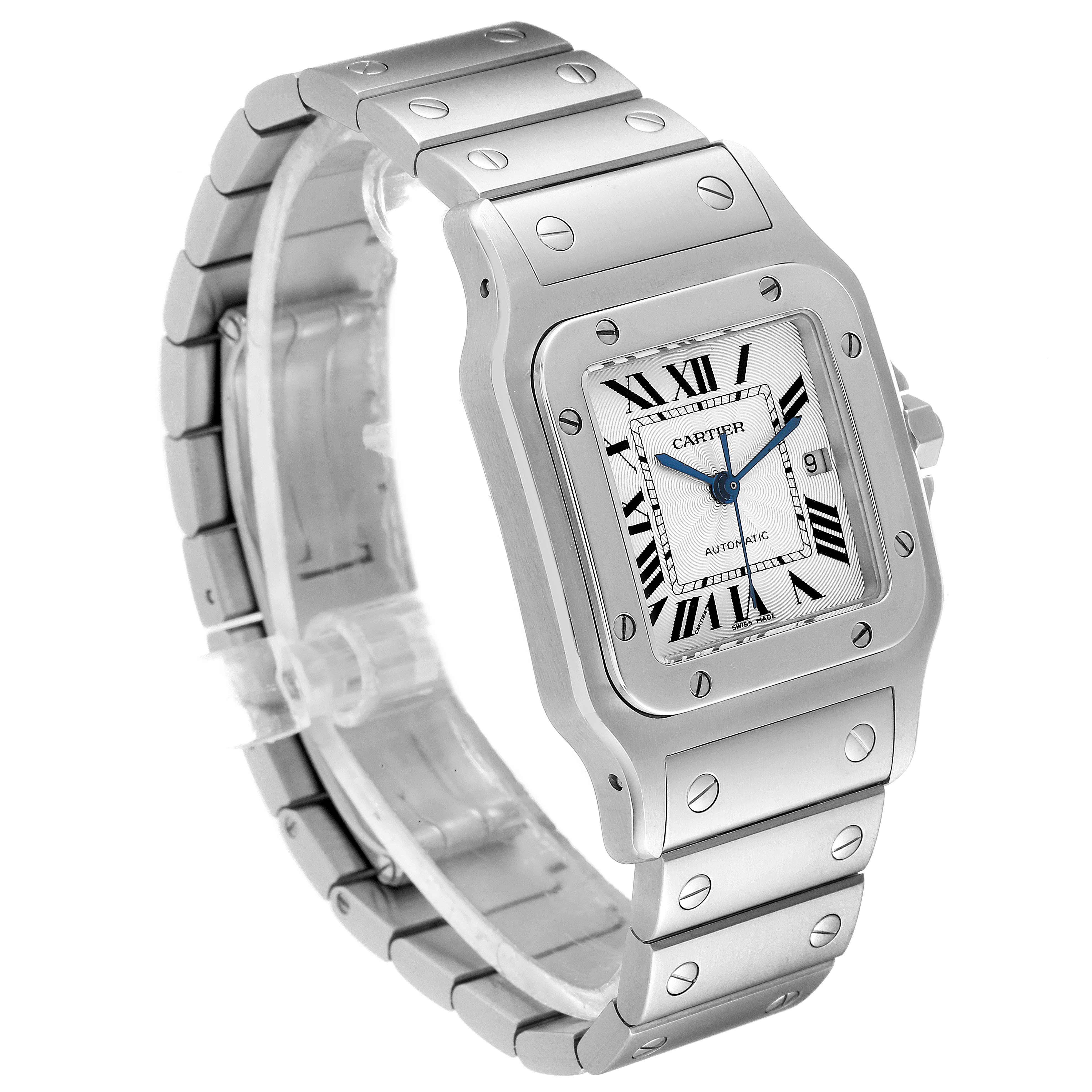 The image shows a Santos model watch by Cartier, angled from the front-left, displaying the face, bezel, and bracelet.