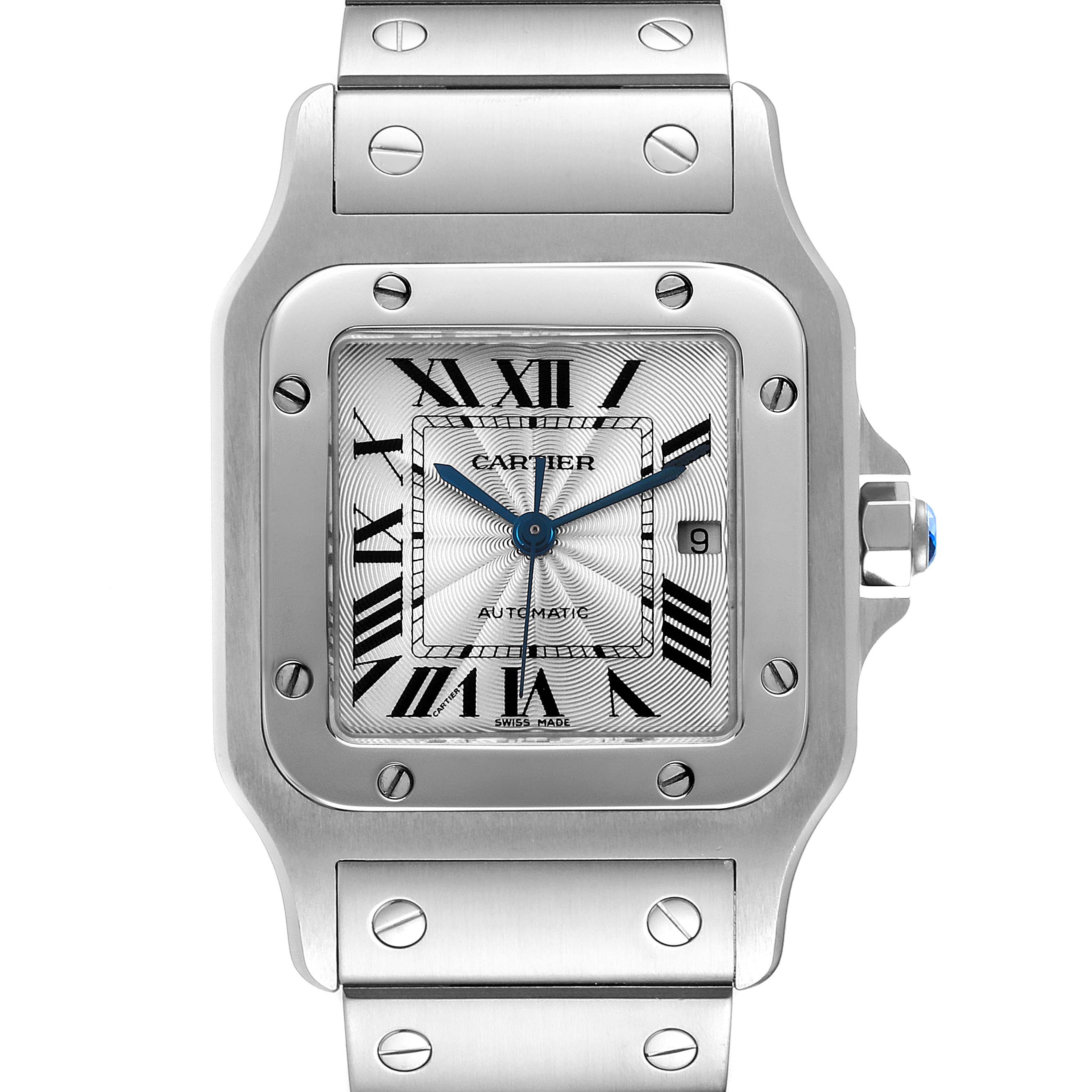 The image shows a front view of the Cartier Santos W20055D6 Men's Stainless Steel Silver Dial W20055D6 Men's Stainless Steel Silver Dial watch, highlighting the face, bezel, and part of the bracelet.