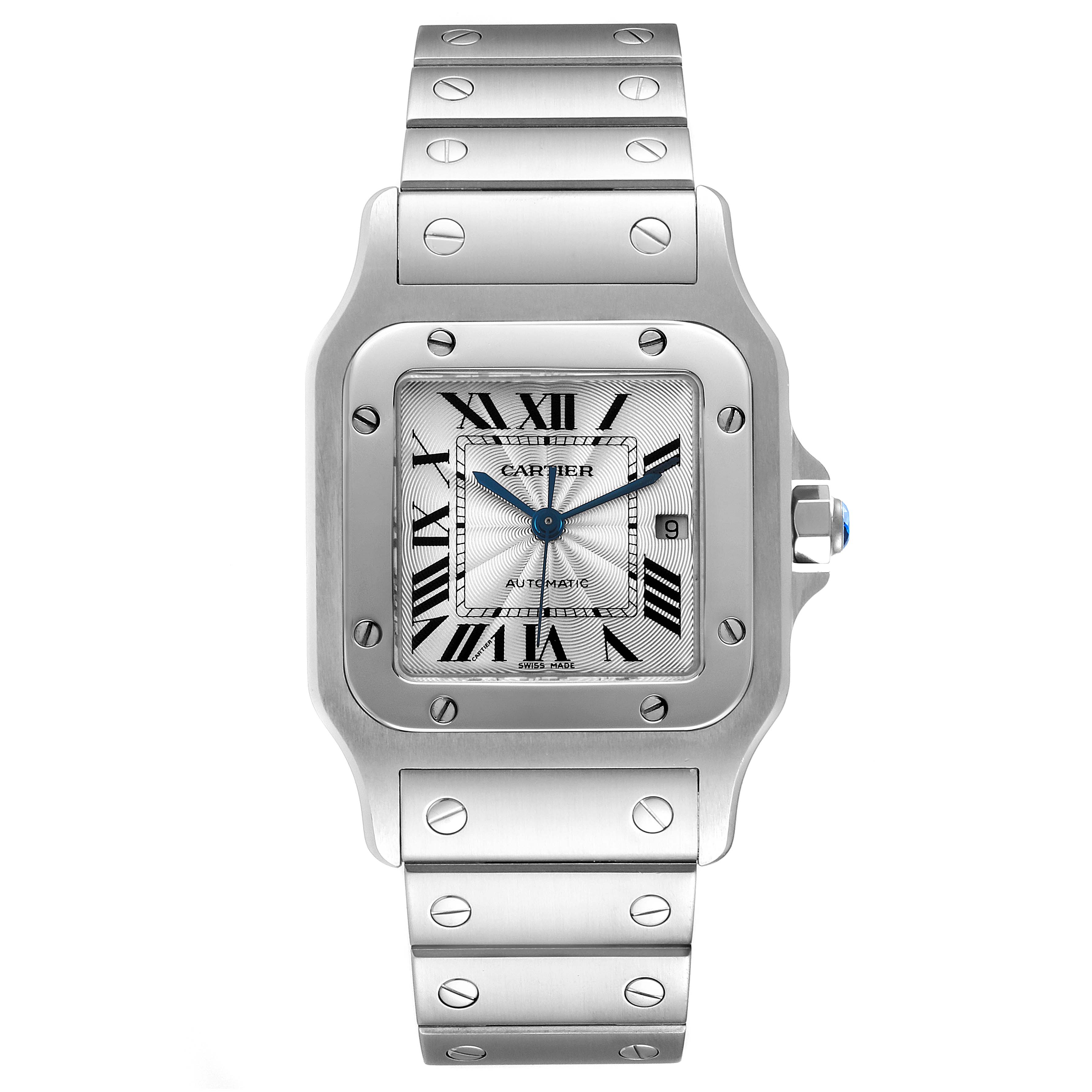 The image shows a front view of the Cartier Santos W20055D6 Men's Stainless Steel Silver Dial W20055D6 Men's Stainless Steel Silver Dial watch, displaying the face, bezel, and metal bracelet with visible screws.