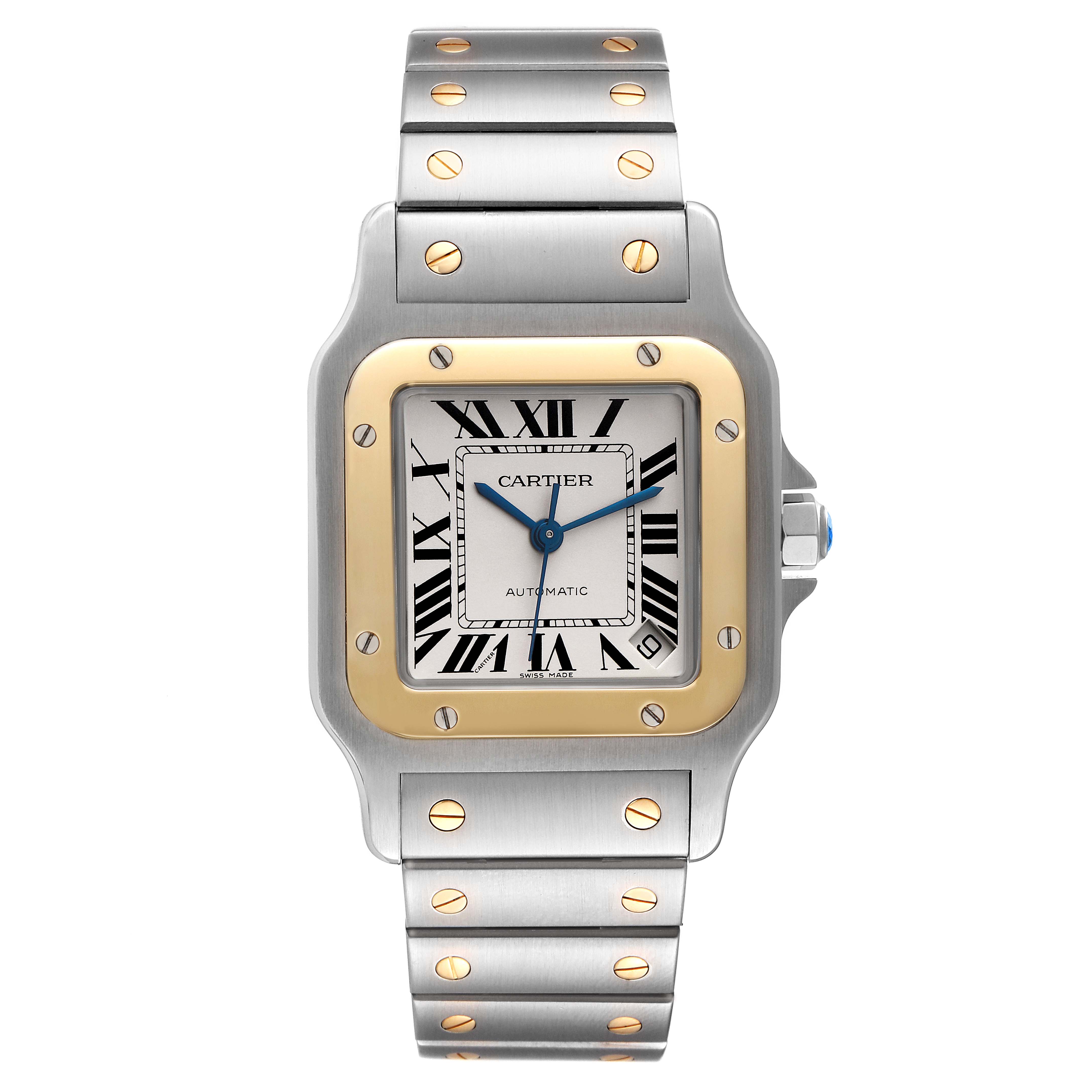 The image shows a front view of a Santos model watch by Cartier, including the dial, bezel, and bracelet.