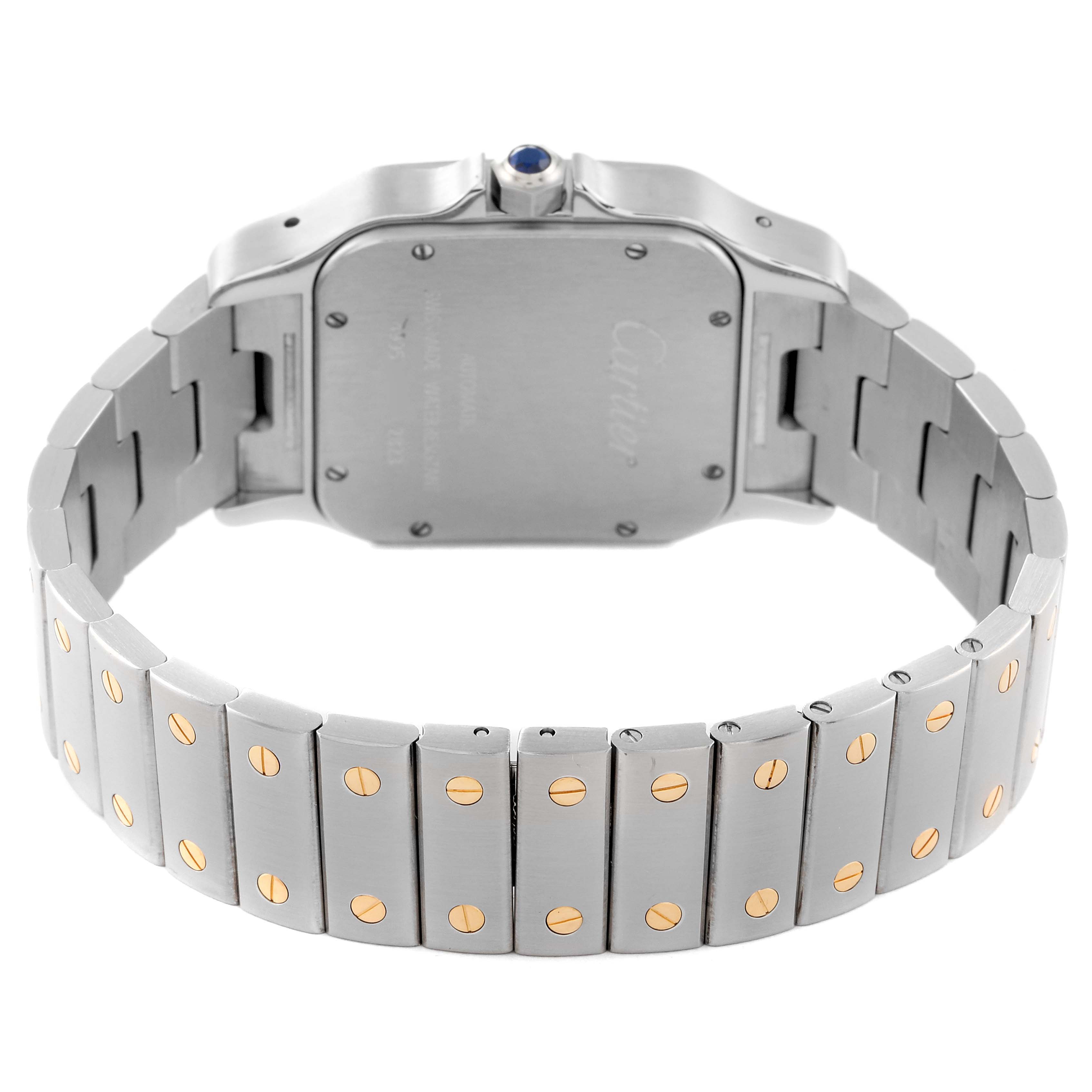 This image shows the back case and bracelet of a Santos model watch by Cartier, including the distinctive screws on the bracelet links.