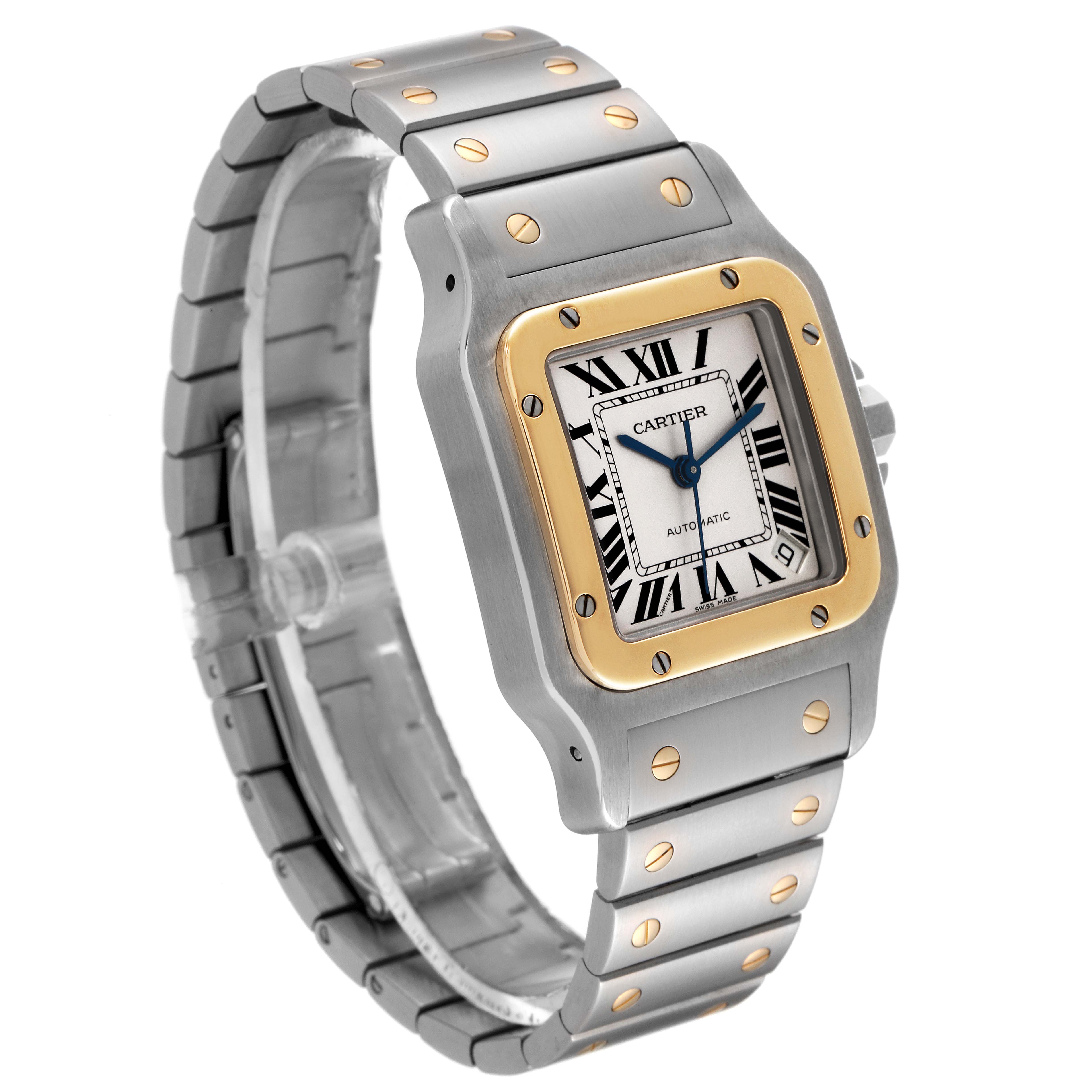 The Cartier Santos W20099C4 Men
s Steel and Gold (two tone) Silver Dial W20099C4 Men
s Steel and Gold (two tone) Silver Dial watch is shown at a slight angle, displaying its face, bezel, and part of the bracelet.