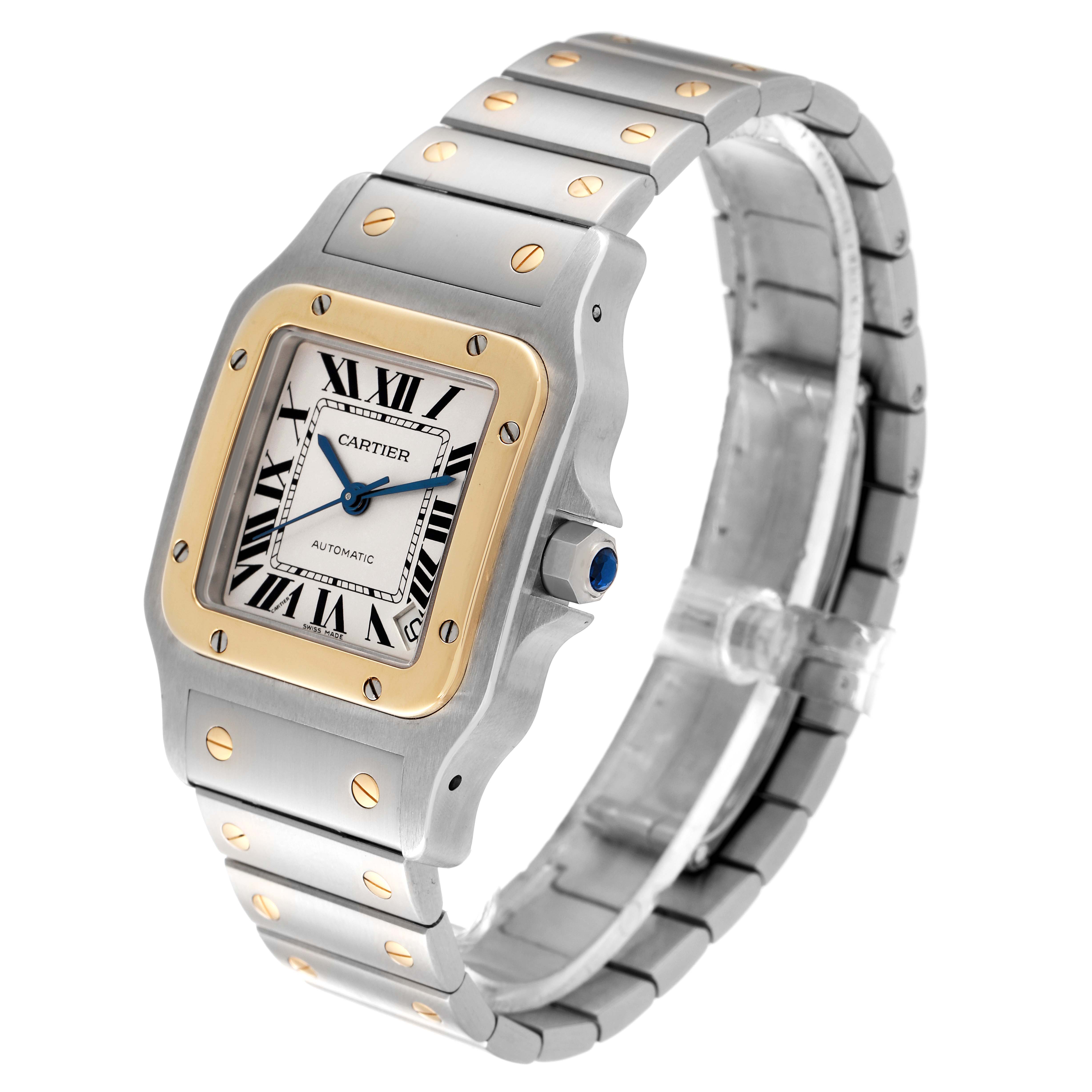 This image shows the Cartier Santos W20099C4 Men
s Steel and Gold (two tone) Silver Dial W20099C4 Men
s Steel and Gold (two tone) Silver Dial watch at a three-quarter angle, highlighting its face, bezel, band, and crown.