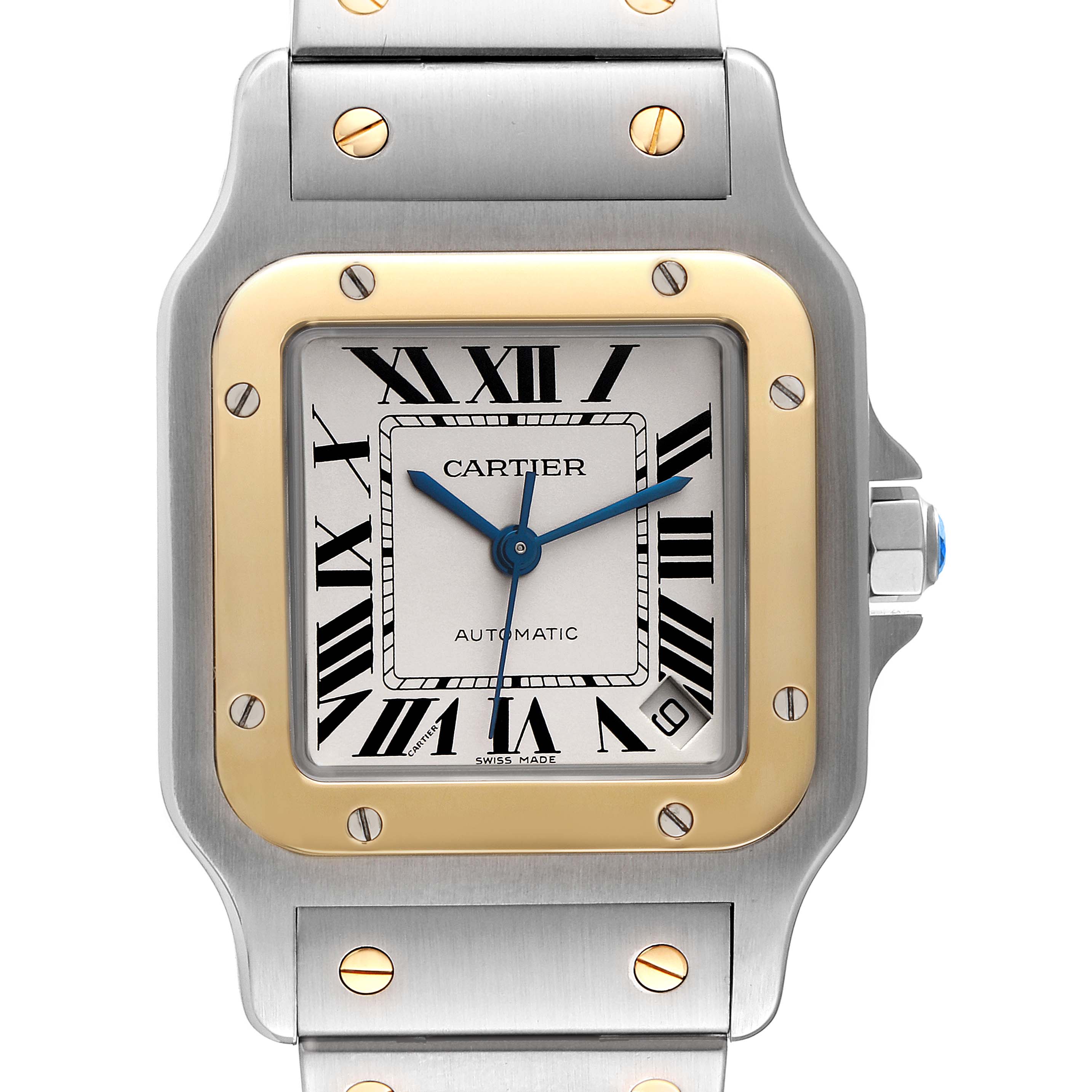 The image shows a front view of a Cartier Santos W20099C4 Men
s Steel and Gold (two tone) Silver Dial W20099C4 Men
s Steel and Gold (two tone) Silver Dial watch, highlighting the face, bezel, and part of the bracelet.