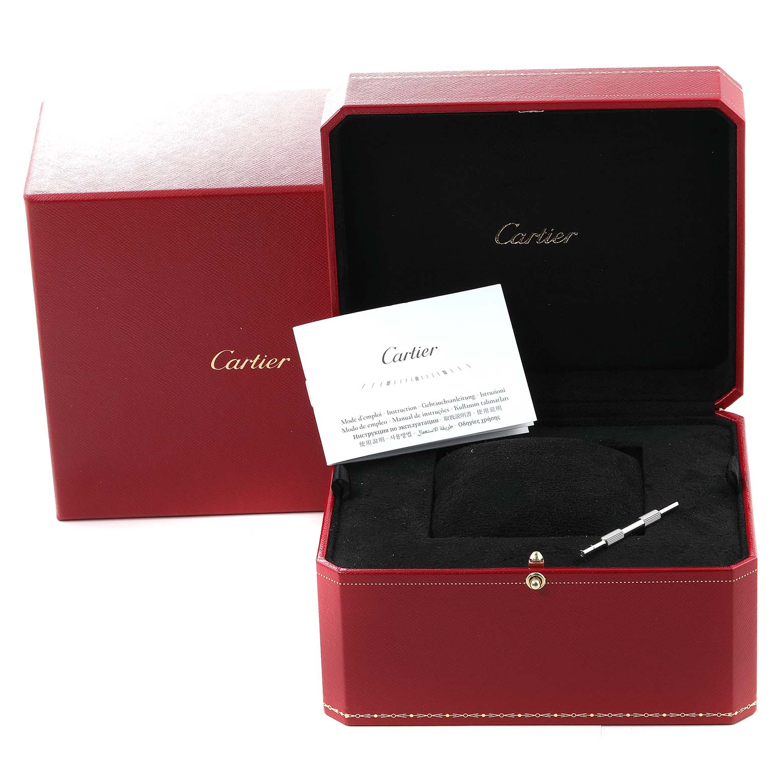 The image shows a Cartier Santos W20099C4 Men
s Steel and Gold (two tone) Silver Dial W20099C4 Men
s Steel and Gold (two tone) Silver Dial model watch box, warranty card, and an additional link.