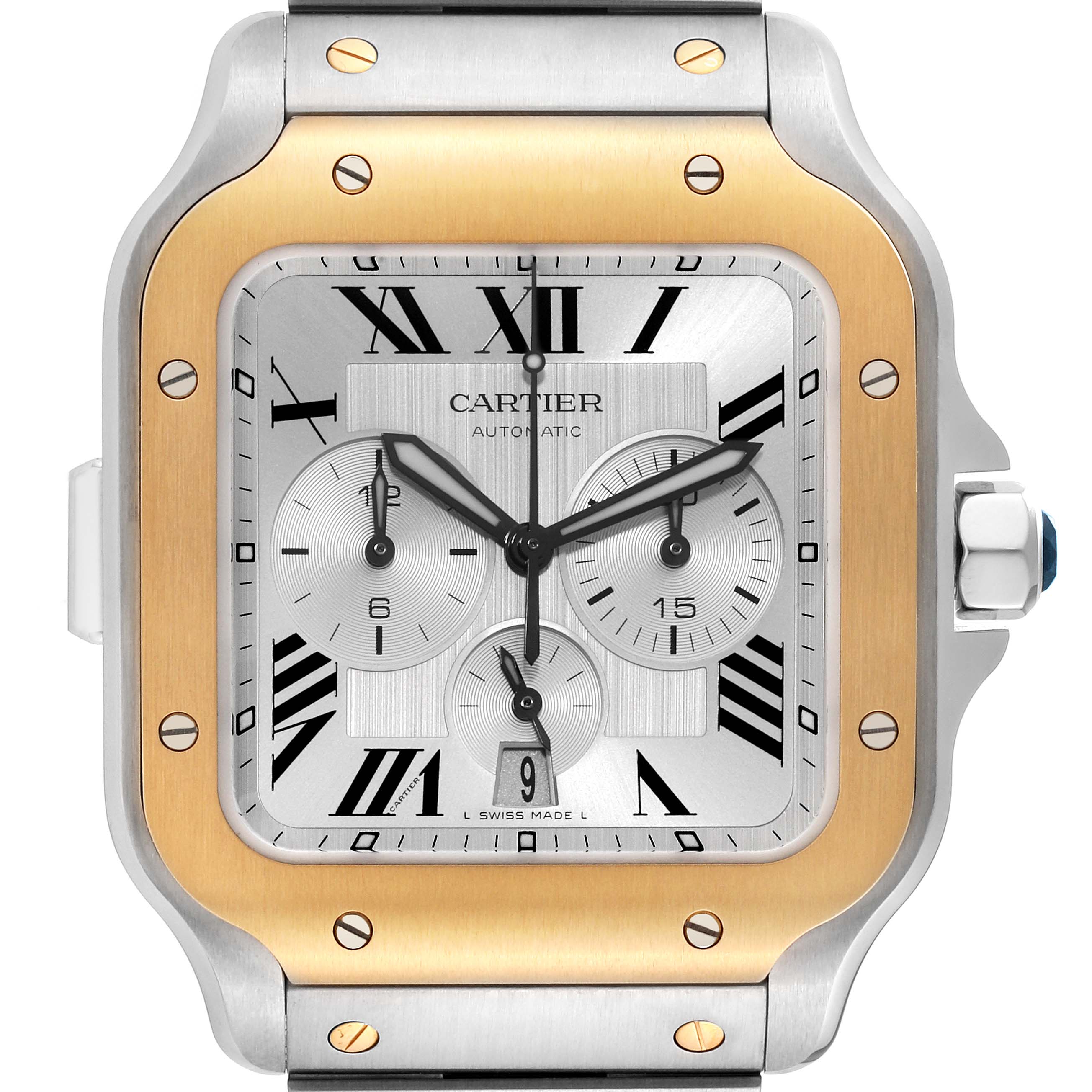 This image shows a front view of a Cartier Santos W2SA0008 Men's Steel and Gold (two tone) Silver Dial W2SA0008 Men's Steel and Gold (two tone) Silver Dial model watch, highlighting its square face with Roman numerals and a two-tone bezel.