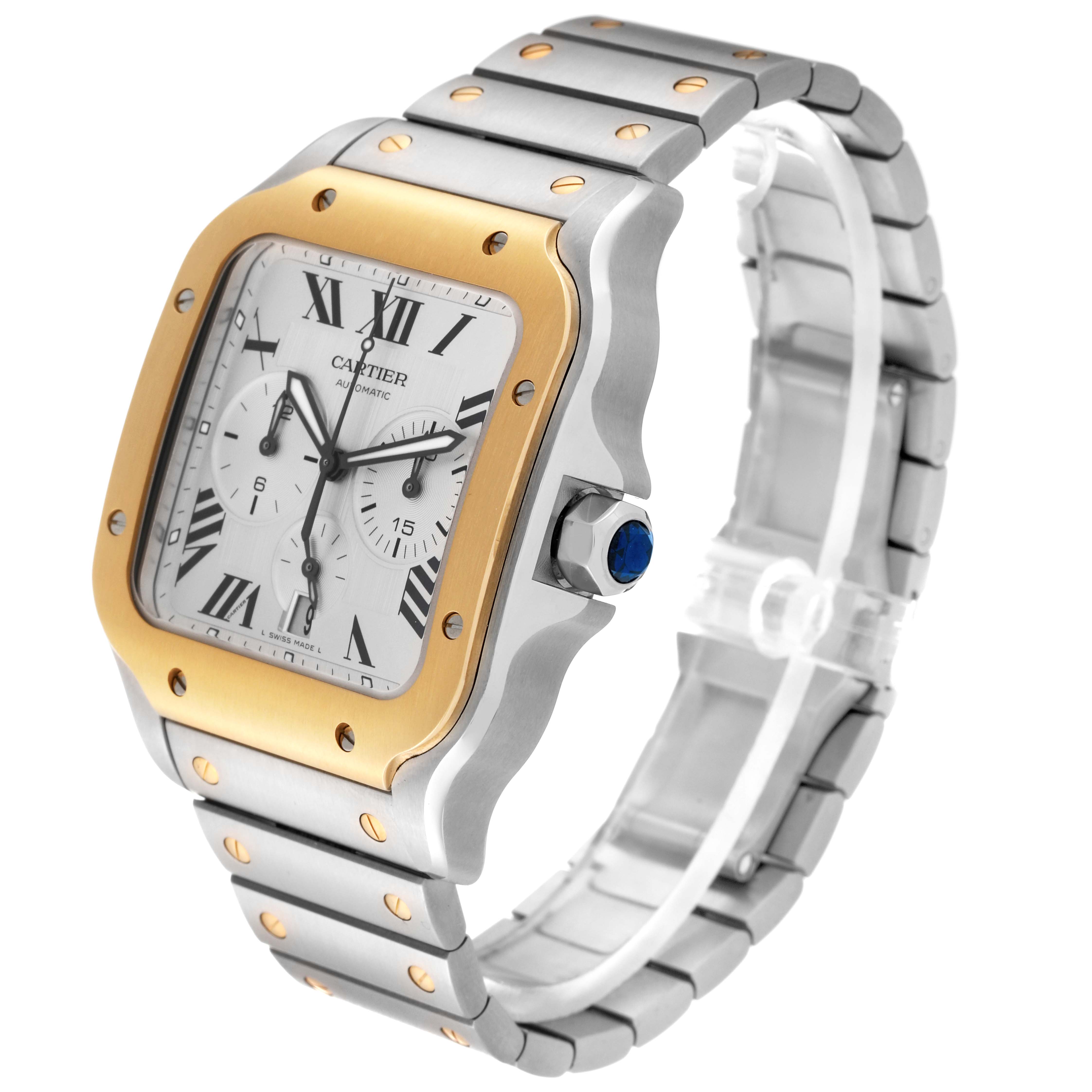 The image shows a side-angle view of a Cartier Santos W2SA0008 Men's Steel and Gold (two tone) Silver Dial W2SA0008 Men's Steel and Gold (two tone) Silver Dial watch, featuring its dial, bezel, crown, and part of the bracelet.