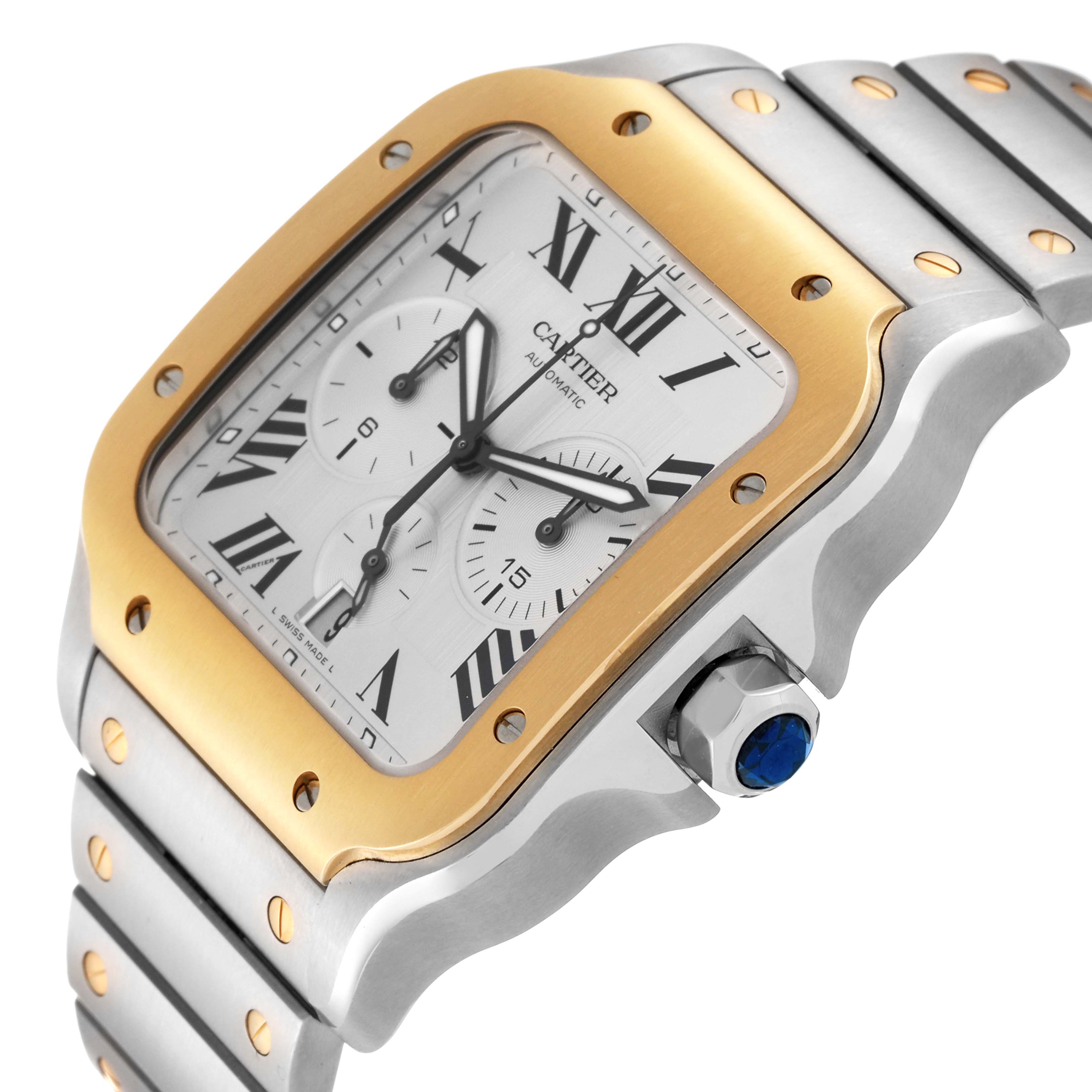 The image shows a close-up, side angle of the Cartier Santos W2SA0008 Men's Steel and Gold (two tone) Silver Dial W2SA0008 Men's Steel and Gold (two tone) Silver Dial watch, highlighting the bezel, dial, and bracelet.