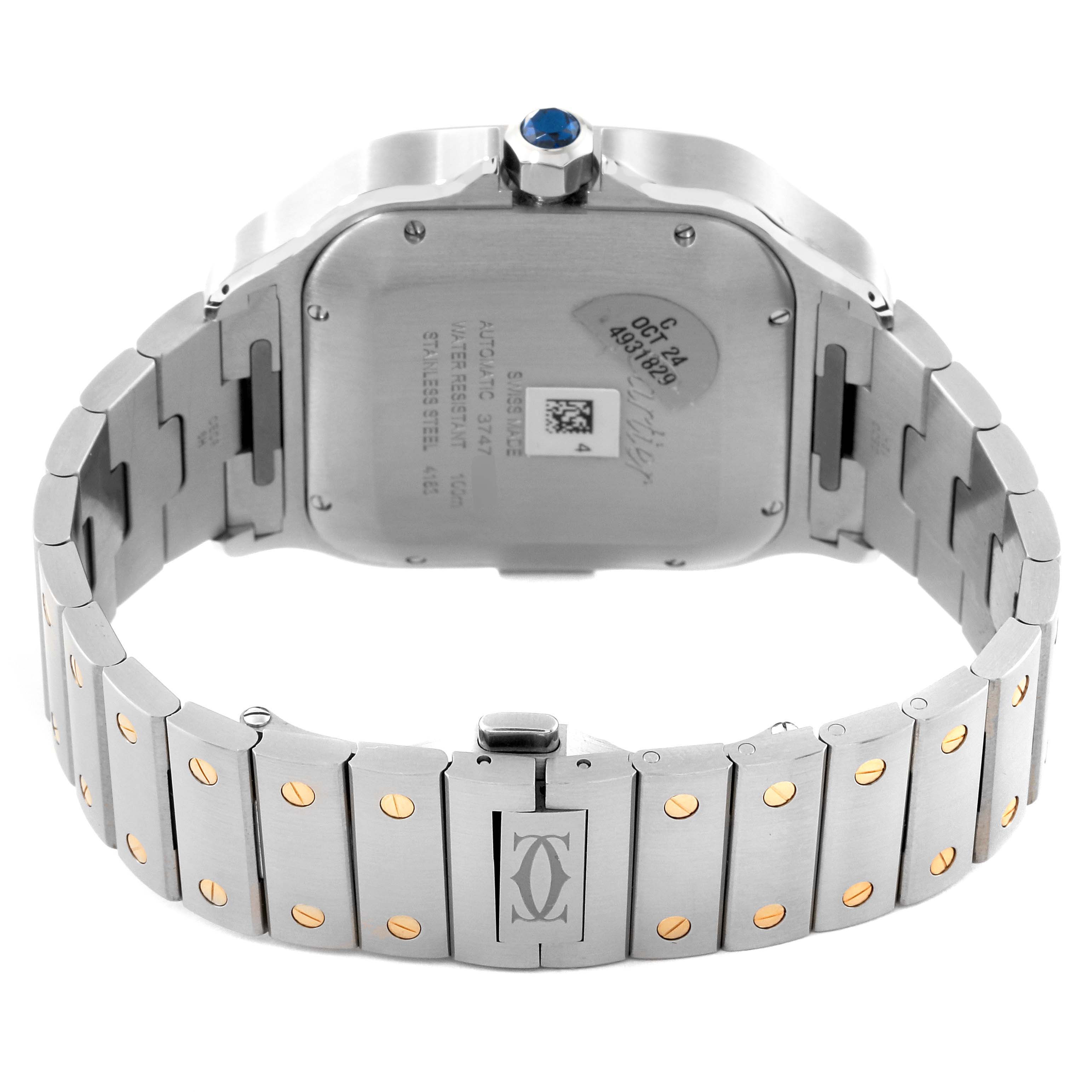 This image shows the back view and bracelet of a Cartier Santos W2SA0008 Men's Steel and Gold (two tone) Silver Dial W2SA0008 Men's Steel and Gold (two tone) Silver Dial watch, displaying the case, crown, and clasp.