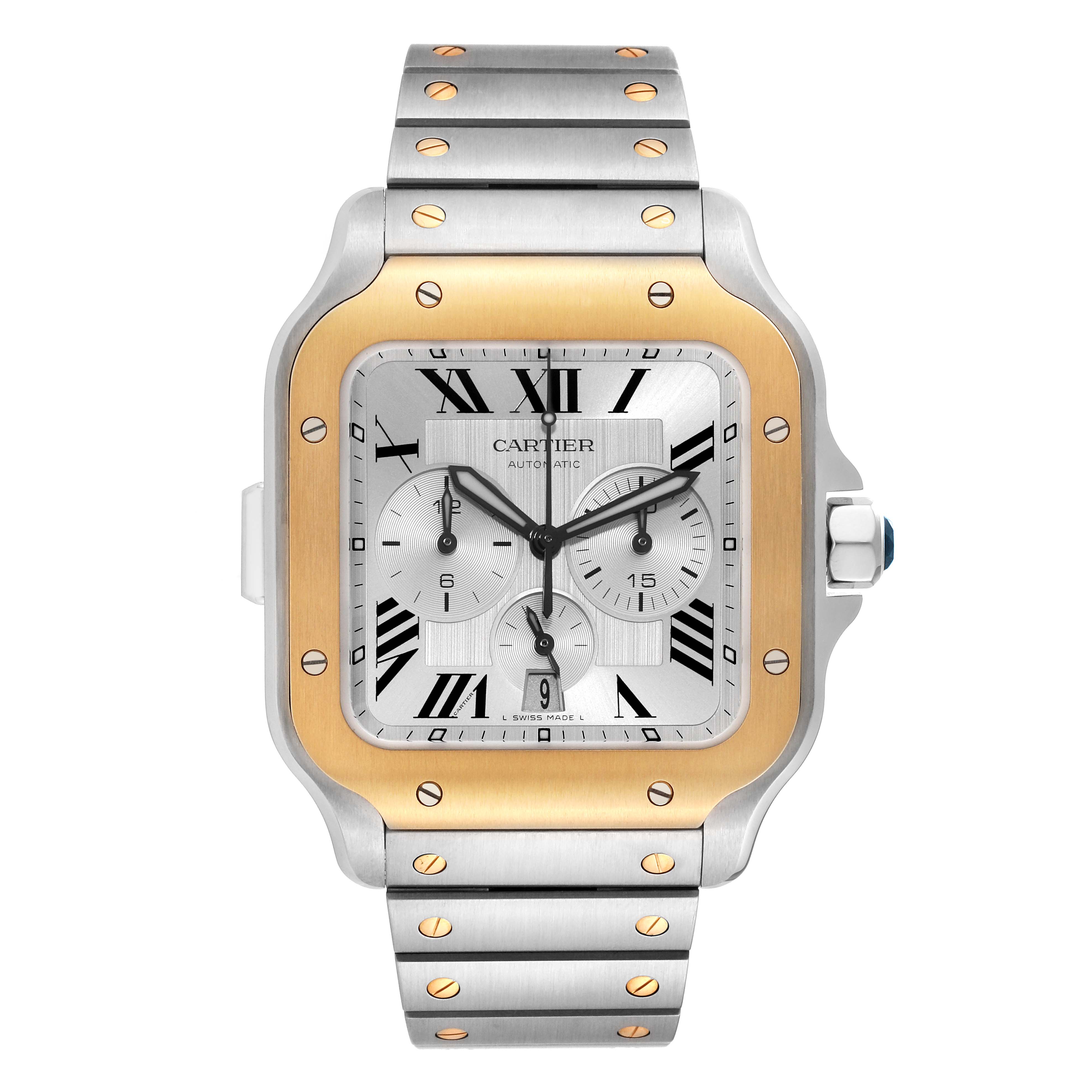 The image shows a frontal view of a Cartier Santos W2SA0008 Men's Steel and Gold (two tone) Silver Dial W2SA0008 Men's Steel and Gold (two tone) Silver Dial watch, highlighting its dial, bezel, and bracelet.