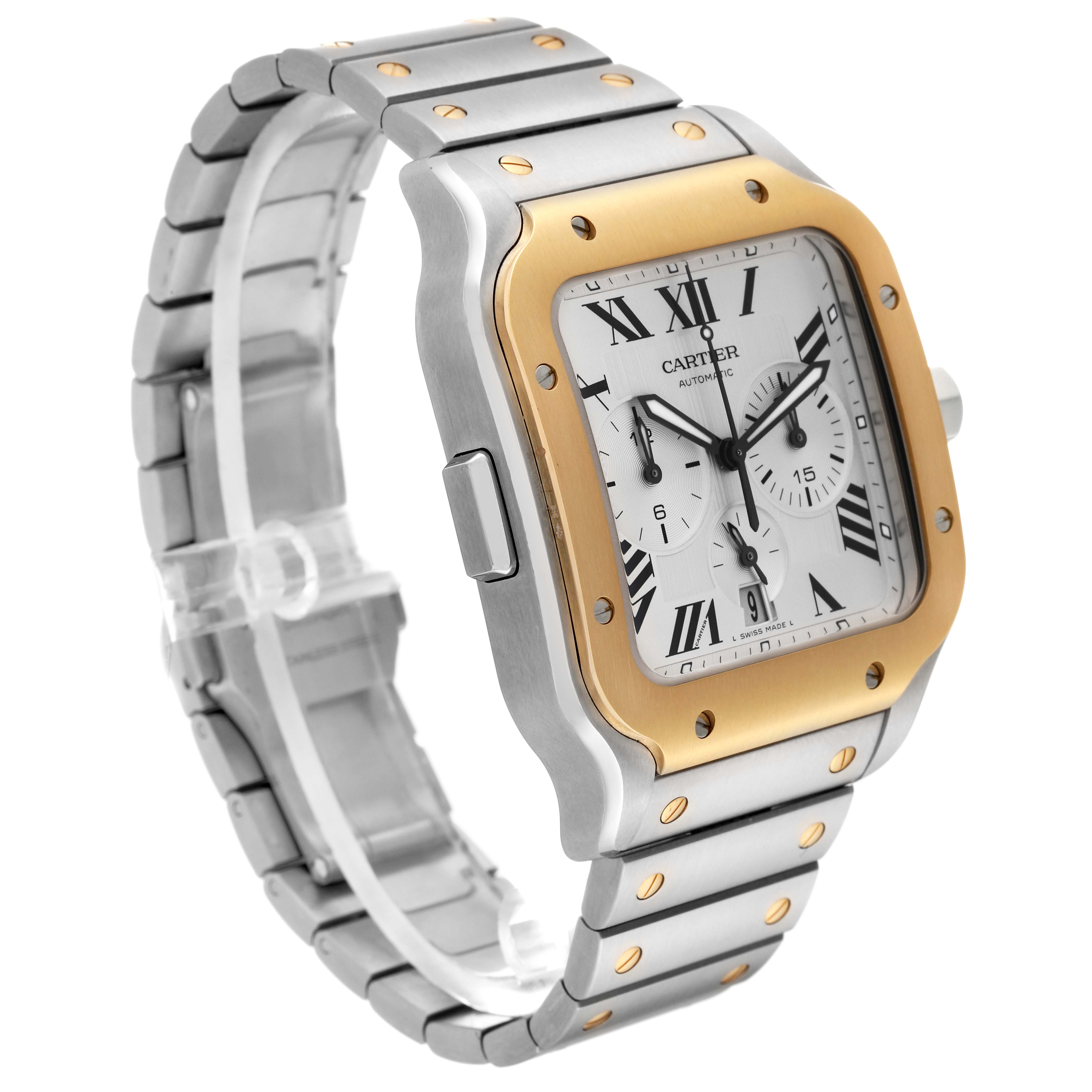The image shows a side angle of a Cartier Santos W2SA0008 Men's Steel and Gold (two tone) Silver Dial W2SA0008 Men's Steel and Gold (two tone) Silver Dial watch, highlighting its bracelet, square face, and bezel with screws.