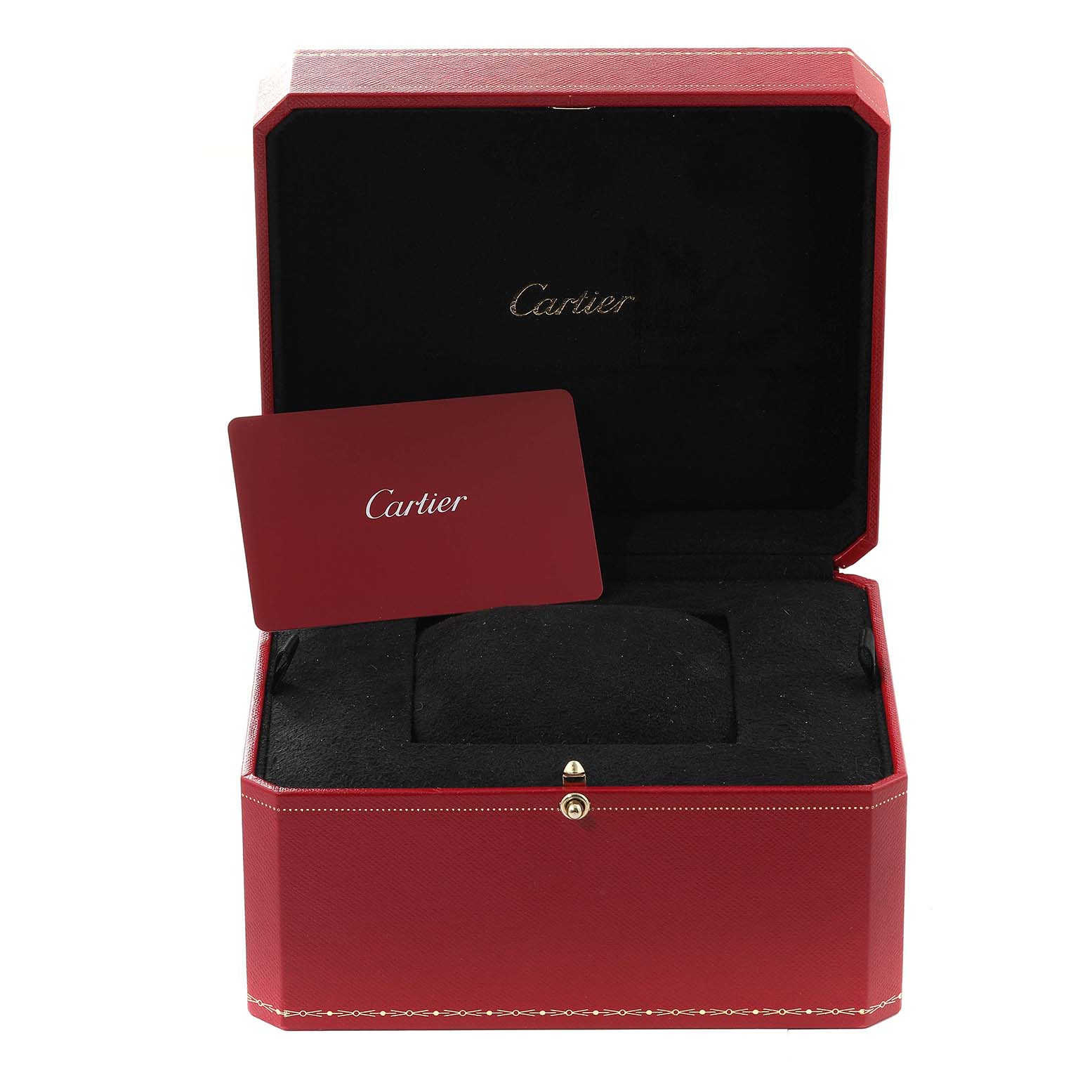 This image shows a Cartier watch box opened, displaying the interior cushion and a red Cartier card.