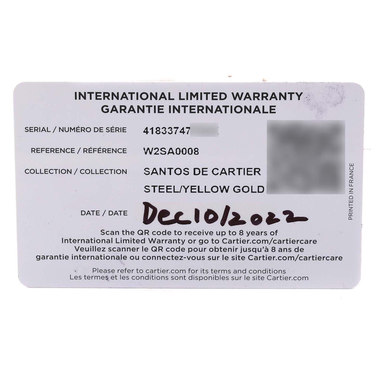 The image shows the warranty card for a Santos de Cartier watch, detailing the serial number, reference number, and purchase date.