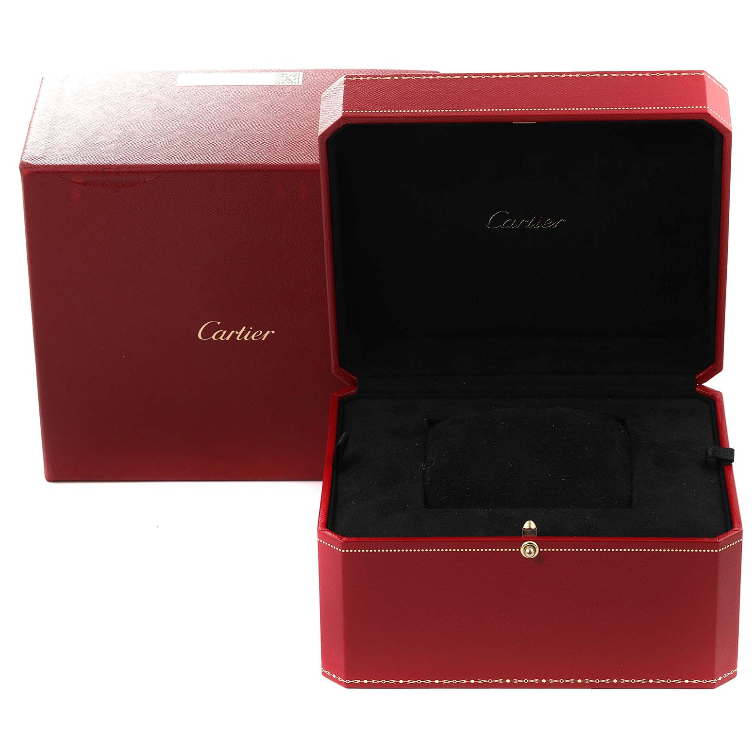 The image shows an open red Cartier box for the Tank Anglaise model, with the Cartier logo inside the lid.