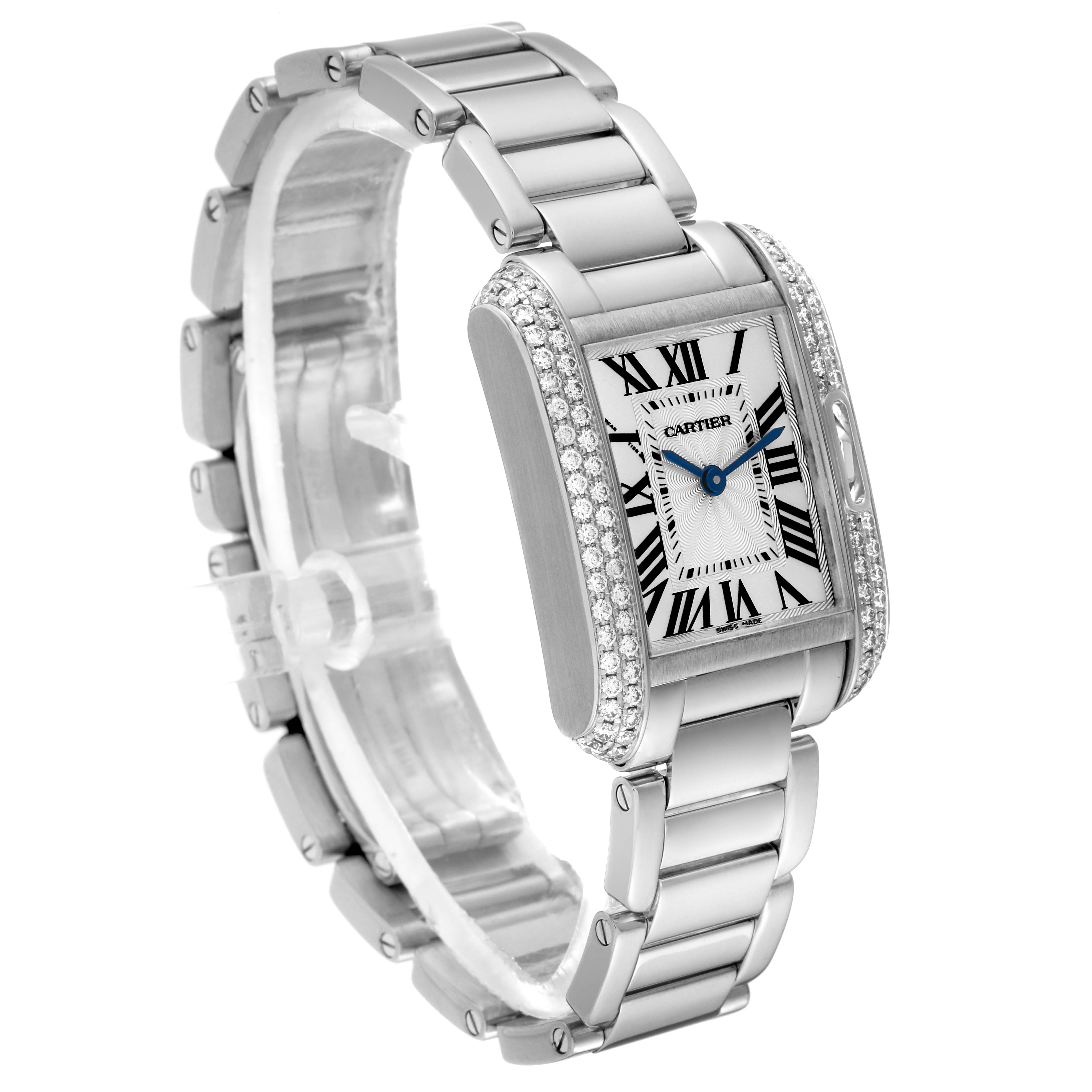 This image shows the Cartier Tank Anglaise WT100008 Women's White Gold Silver Dial WT100008 Women's White Gold Silver Dial watch at a slight angle, highlighting its bracelet, bezel, and dial with Roman numerals.
